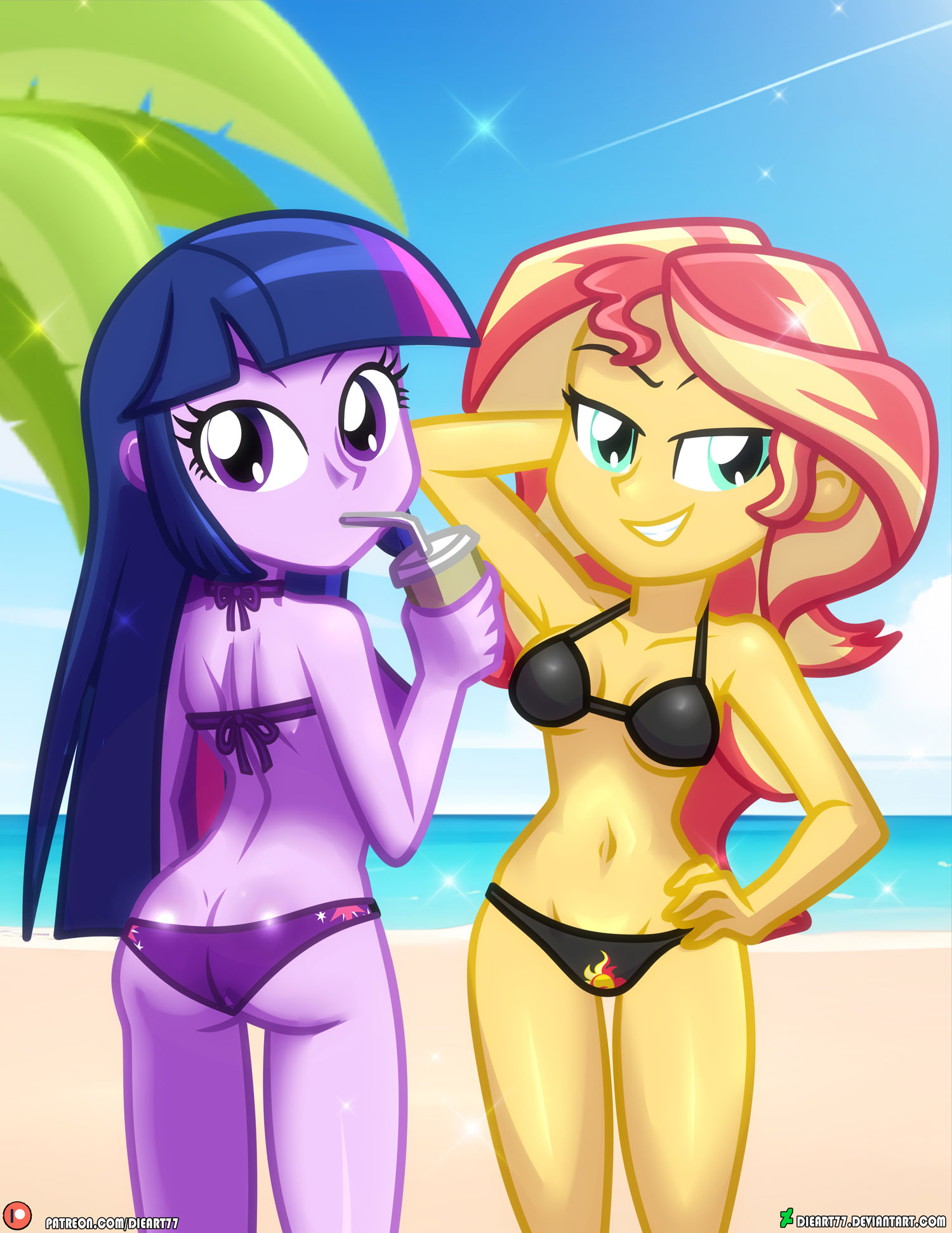 2020s, 2025, 2girls, artist name, ass, bare back, bare shoulders, beach, blue hair, breasts, cleft of venus, collarbone, dieart77, equestria girls, eyelashes, female, friendship is magic, green eyes, hand on hip, hasbro, hi res, horizon, looking at viewer, looking back, medium breasts, multiple females, multiple girls, my little pony, navel, ocean, orange skin, outdoors, palm tree, parted lips, posing, posing for the viewer, purple eyes, purple skin, red hair, sand, shoulder blades, sky, smile, smiling at viewer, standing, stomach, sunlight, sunset shimmer, teenage female, teenager, teeth, thighs, twilight sparkle (eg), twilight sparkle (mlp), very long hair, water, young