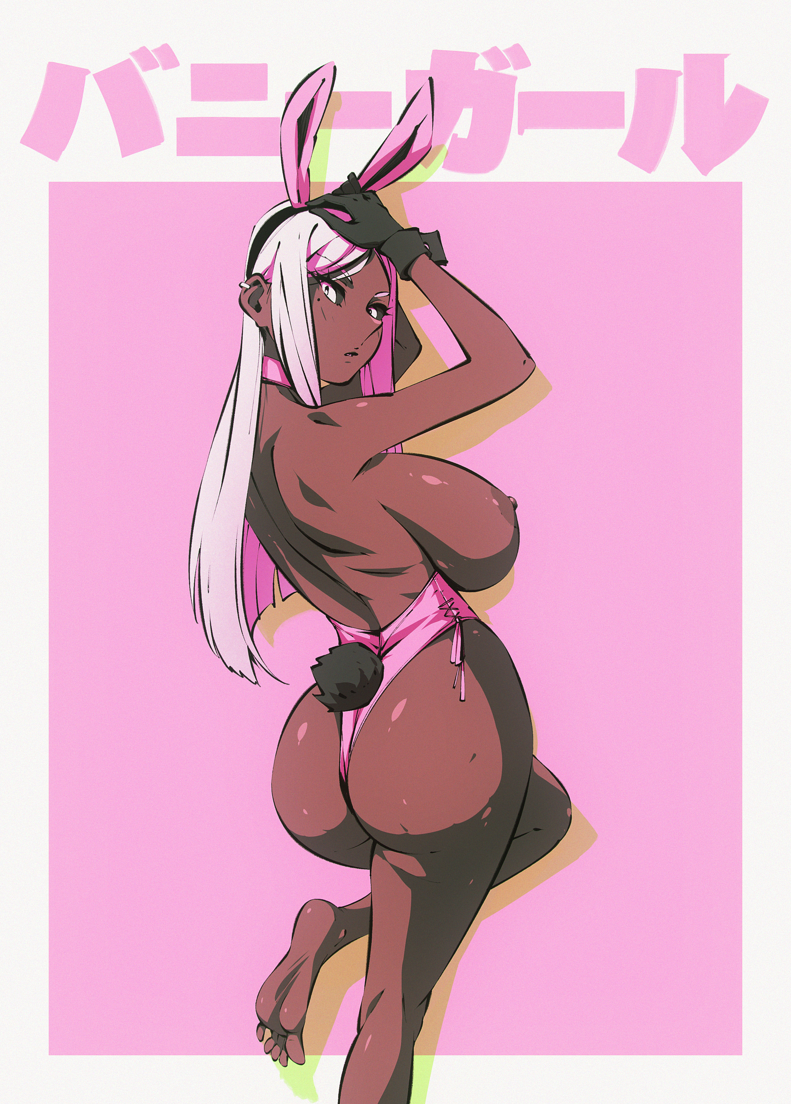 2d (artwork), breasts, bunny ears, bunny tail, bunnysuit, dark skin, dark-skinned female, feet, female, flou, huge breasts, leotard, nipples, original, original character, stella (flou), tagme, tits out, white hair