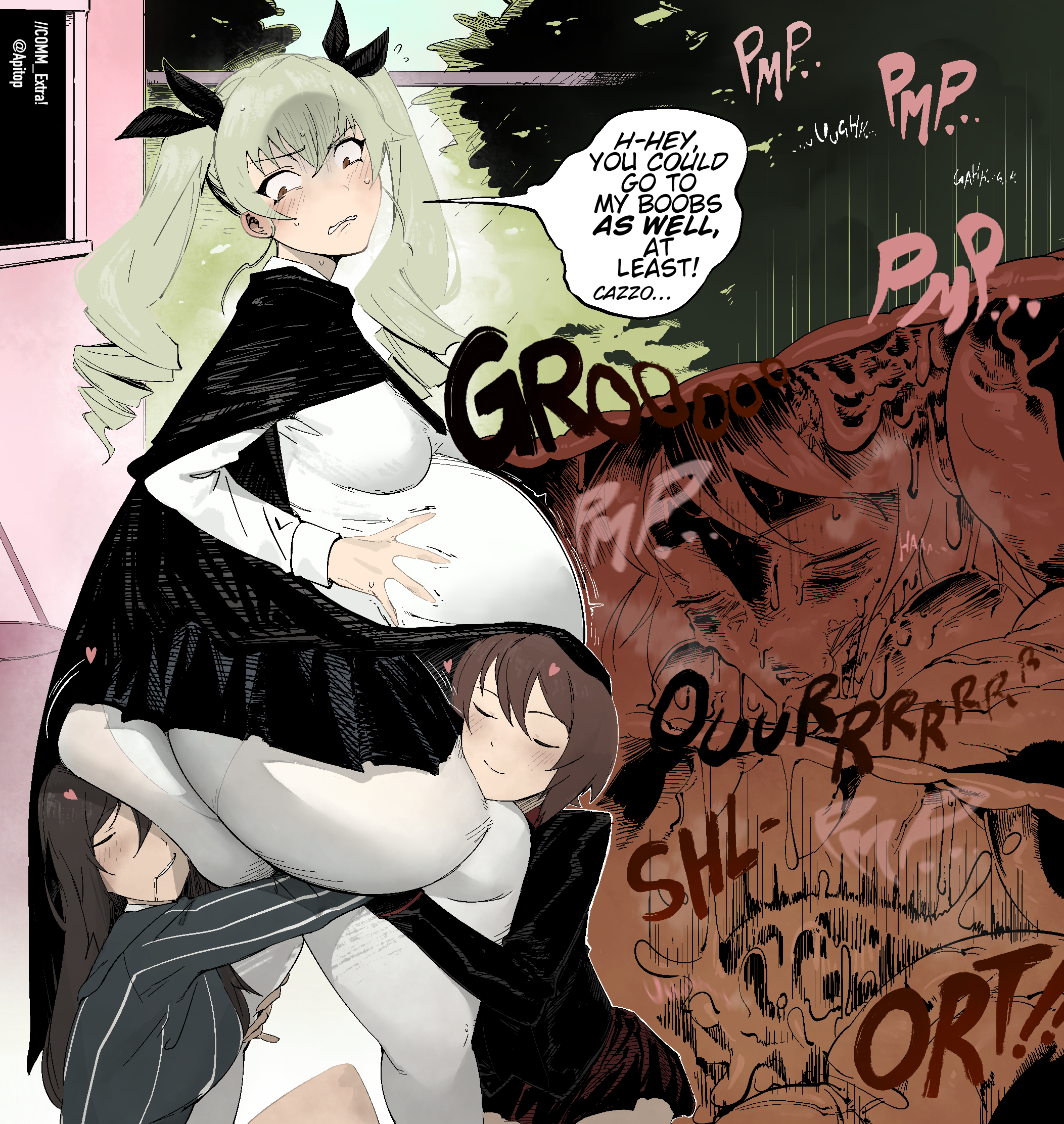 anchovy (girls und panzer), ass, big ass, big belly, big butt, big butt cheeks, digestion, digestion noises, fat ass, female, girls und panzer, live prey, mika (girls und panzer), multiple females, multiple girls, nishizumi maho, rasha (artist), vore, vore belly, weight gain, weight gain female