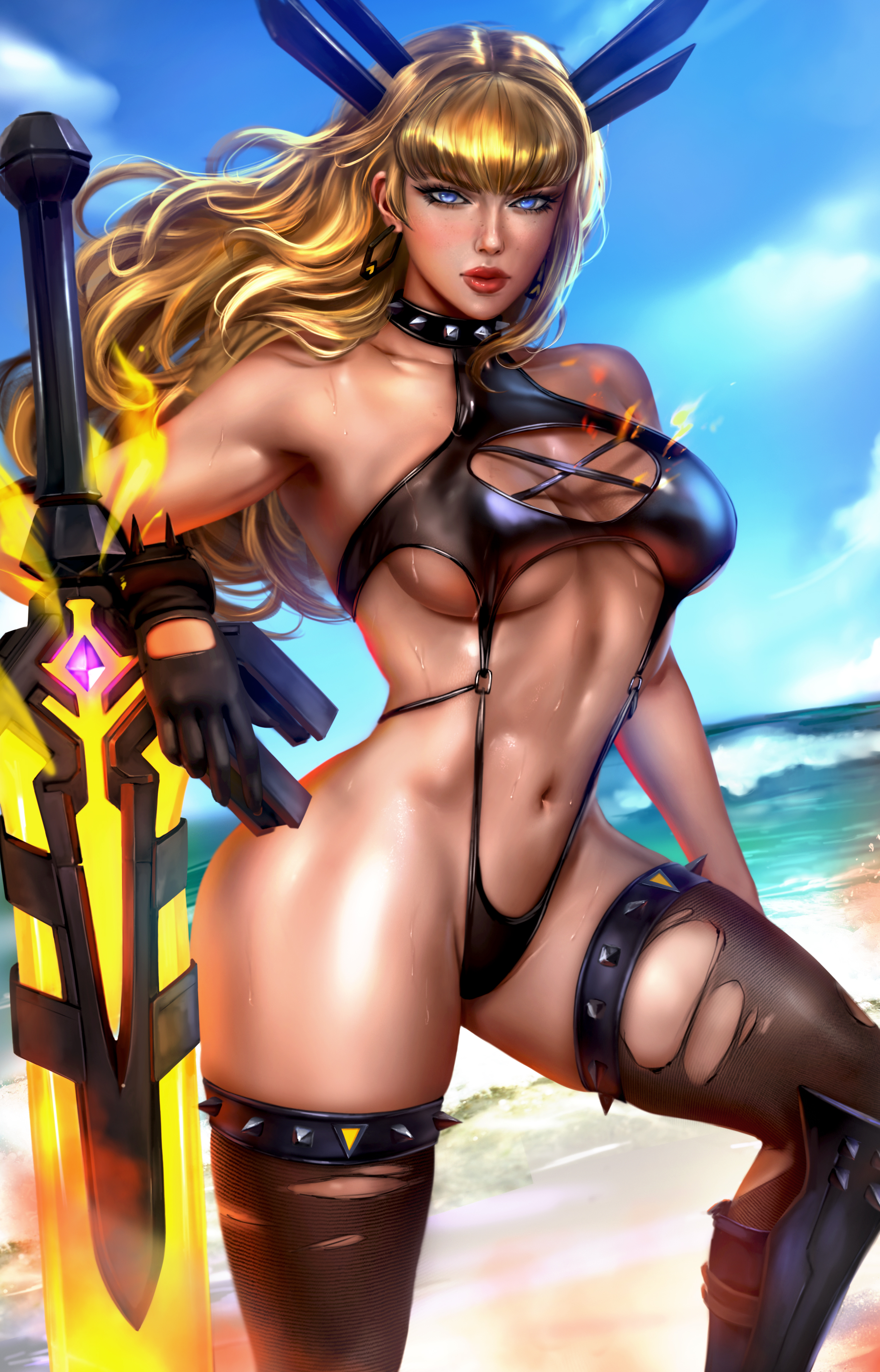 1girls, 2d, absurd res, absurdres, athletic, athletic female, bangs, bare arms, bare shoulders, bare skin, bare thighs, beach, big breasts, black stockings, black swimsuit, blonde hair, blue eyes, boob window, breasts, cleavage, cleavage cutout, clothed, clothed female, clothing, curvaceous, curvaceous body, curvaceous female, curvaceous figure, curvy, curvy body, curvy female, curvy figure, female, female focus, female only, fit, fit female, gloves, hair ornament, high resolution, highres, hips, large filesize, legs, light skin, light-skinned female, lips, lipstick, logan cure, long hair, magik (illyana rasputin), magik (marvel rivals), marvel, marvel comics, marvel rivals, mutant, mutant (marvel), navel, pose, posing, red lips, red lipstick, russian, russian female, sand, slim female, slim waist, solo, solo female, solo focus, stockings, stomach, summer, superhero, superheroine, swimsuit, sword, thick thighs, thighs, toned, toned body, toned female, toned stomach, torn stockings, tropical, tropical setting, underboob, very high resolution, voluptuous, voluptuous female, weapon, wide hips, x-men