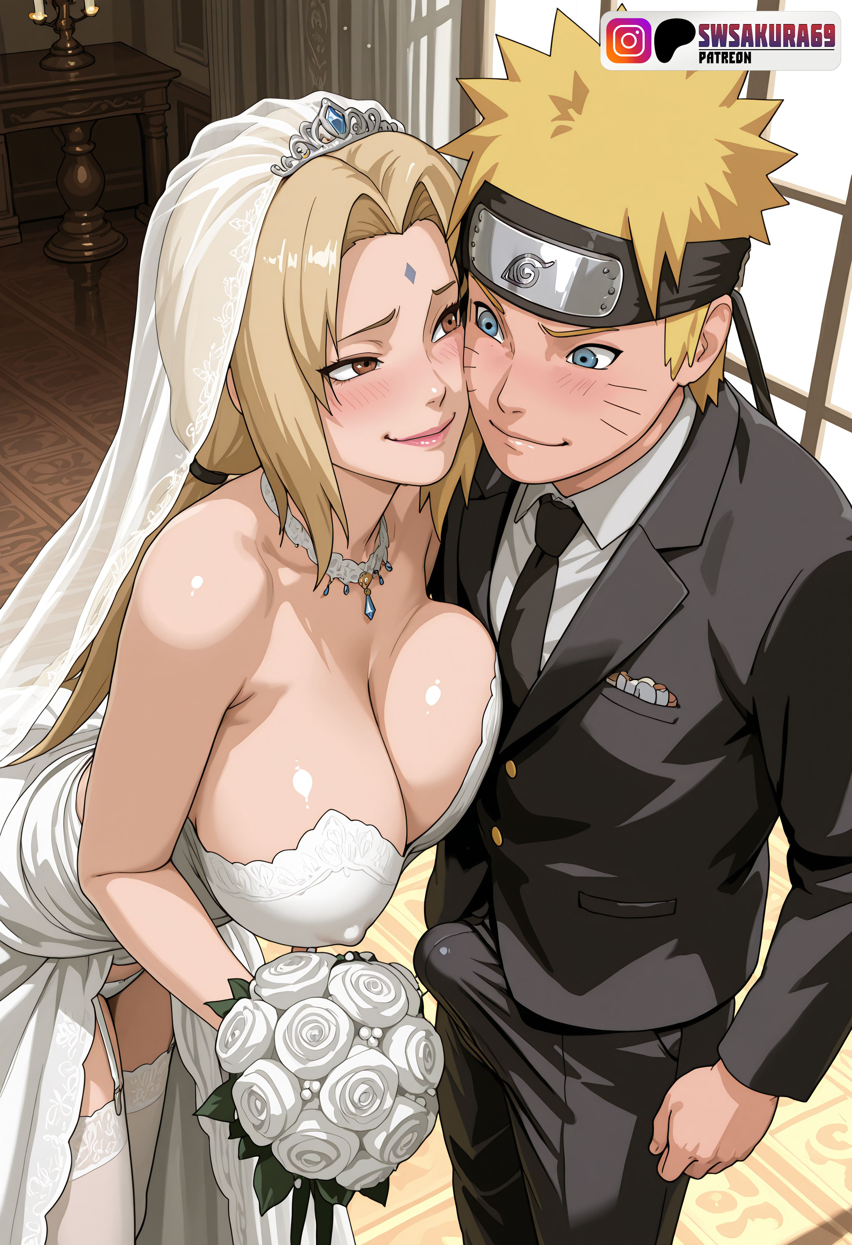 1boy, 1girls, adult and teenager, age difference, ai generated, aroused, before sex, big breasts, blonde hair, blue eyes, blush, boner, bouquet, breast awe, breast focus, breast press, breasts, breasts bigger than head, bride, brown eyes, bulge, busty, cheating, cheating bride, cheating on wedding day, embarrassed, erect penis, erection, female, flowers, high resolution, holding object, huge breasts, jewelry, looking at breasts, looking at partner, male, milf, naruto, naruto (series), naruto shippuden, naughty, naughty face, naughty smile, necklace, necktie, older female, older female and younger male, penis, presenting, presenting breasts, seducing, seduction, sfw, short hair, staring at breasts, suit, suit and tie, swsakura69, teasing, teasing penis, top heavy, top heavy breasts, town, tsunade, turned on, twintails, uzumaki naruto, veil, voluptuous, voluptuous female, watermark, wedding dress, wedding lingerie, wedding veil, yellow hair, younger male