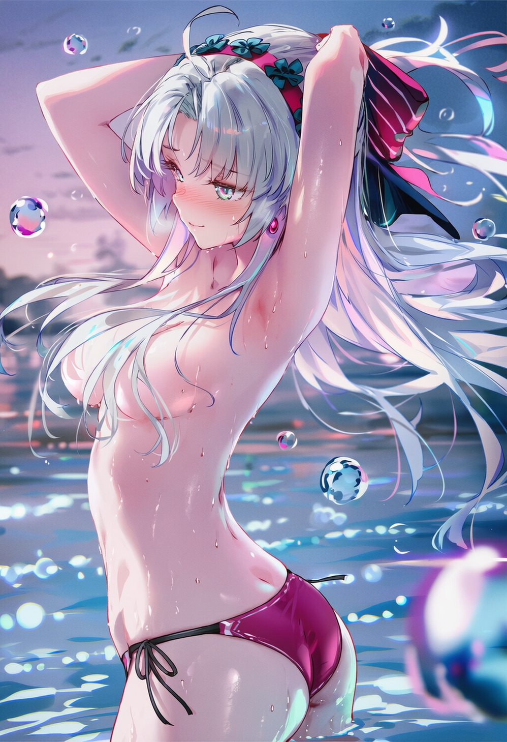 ai generated, bikini bottom, blush, breasts, carlotta (wuthering waves), curvy body, curvy female, curvy figure, embarrassed female, feline, female, female only, raaicave, topless female, white hair, wuthering waves