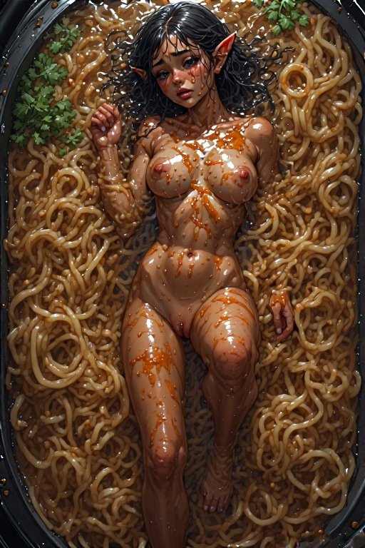 1girls ai_generated areolae big_areolae big_breasts big_nipples black_hair blush blushing blushing_at_viewer blushing_female breasts dark-skinned_female dark_hair dark_skin elf elf_ears elf_female elf_girl female food food_fetish food_on_body gynophagia hairless_crotch hairless_pussy looking_at_viewer lying lying_down lying_on_back minigirl naked naked_female nipples noodles nude nude_female oil oiled oiled_body oiled_skin oily oily_body oily_skin partially_submerged pussy sad sauce shaved_crotch shaved_pussy tagme vagina vegetable vegetables wet_body wet_hair wet_skin