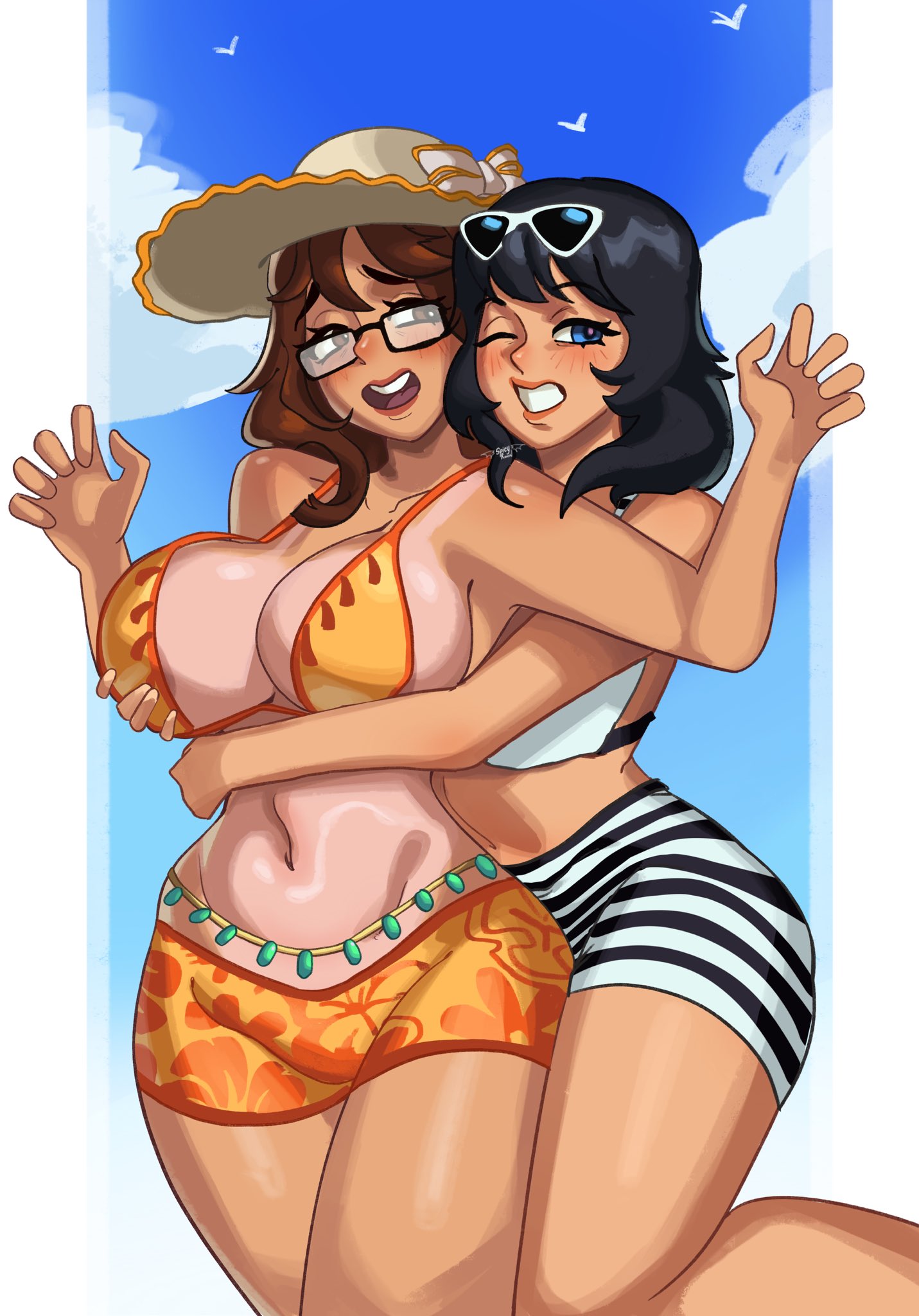 2025, 2girls, areola slip, areolae, artist name, artist signature, belly button, big breasts, bikini, birds, black hair, blue eyes, blush, bra, breast grab, breasts, brown eyes, brown hair, cleavage, clouds, collarbone, commission, couple, eyebrows, eyebrows visible through hair, female, female only, floral print, glasses, grabbing another's breast, grabbing from behind, hat, long hair, looking at another, looking at partner, looking away, one eye closed, open mouth, orange bikini top, orange clothing, original character, original characters, outdoors, roblox, robloxian, short hair, sky, smile, spicyramen (ramieramen1), standing, stomach, striped bikini, striped clothing, striped swimsuit, sun hat, sunglasses, sunglasses on head, surprised, swimming pool, swimsuit, tan skin, tan-skinned female, tanline, teeth, teeth showing, thick thighs, thighs, tongue, waist accessory, watermark, white bikini top, yuri