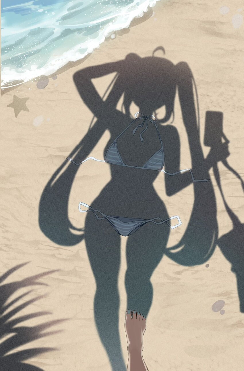 1girls, artist request, beach, blue nails, cyan toenail polish, dressed shadow (meme), feet, female, hatsune miku, meme, nail polish, shadow, silhouette, solo, toenails polish, vocaloid