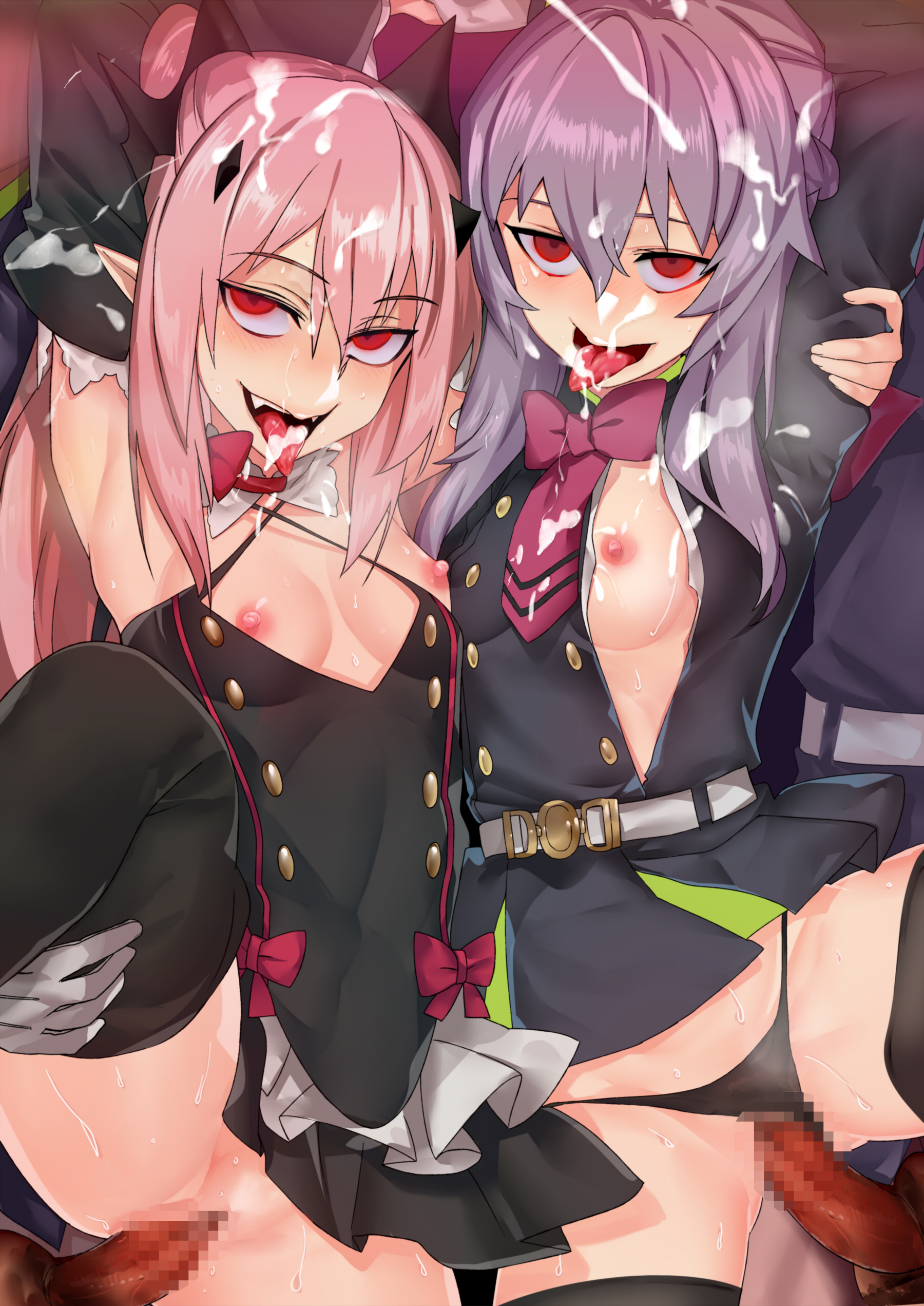 artist request, breasts, censored, cum, female, hiiragi shinoa, krul tepes, male, mosaic censoring, multiple boys, multiple females, multiple girls, multiple males, owari no seraph, panties aside, pussy, sex, tagme, unseen male face, vagina, vaginal penetration
