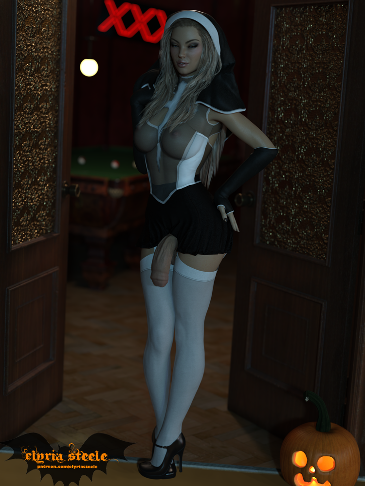 1futa, 3d, areolae, balls, balls under clothes, bottomless skirt, breasts, curvy, dark skin, dark-skinned futa, devil may cry, devil may cry (series), elyria steele, erect nipples, erection under clothes, erection under skirt, foreskin, futa only, futa sans pussy, futanari, half-erect, halloween, halloween costume, intersex, large breasts, large penis, looking at viewer, nipple bulge, nipples, nun, nun's habit, penis, penis out, penis under clothes, penis under skirt, pumpkin, realistic, skirt, solo, solo futa, testicles, thighhighs, trish (devil may cry), uncircumcised, uncut, wide hips