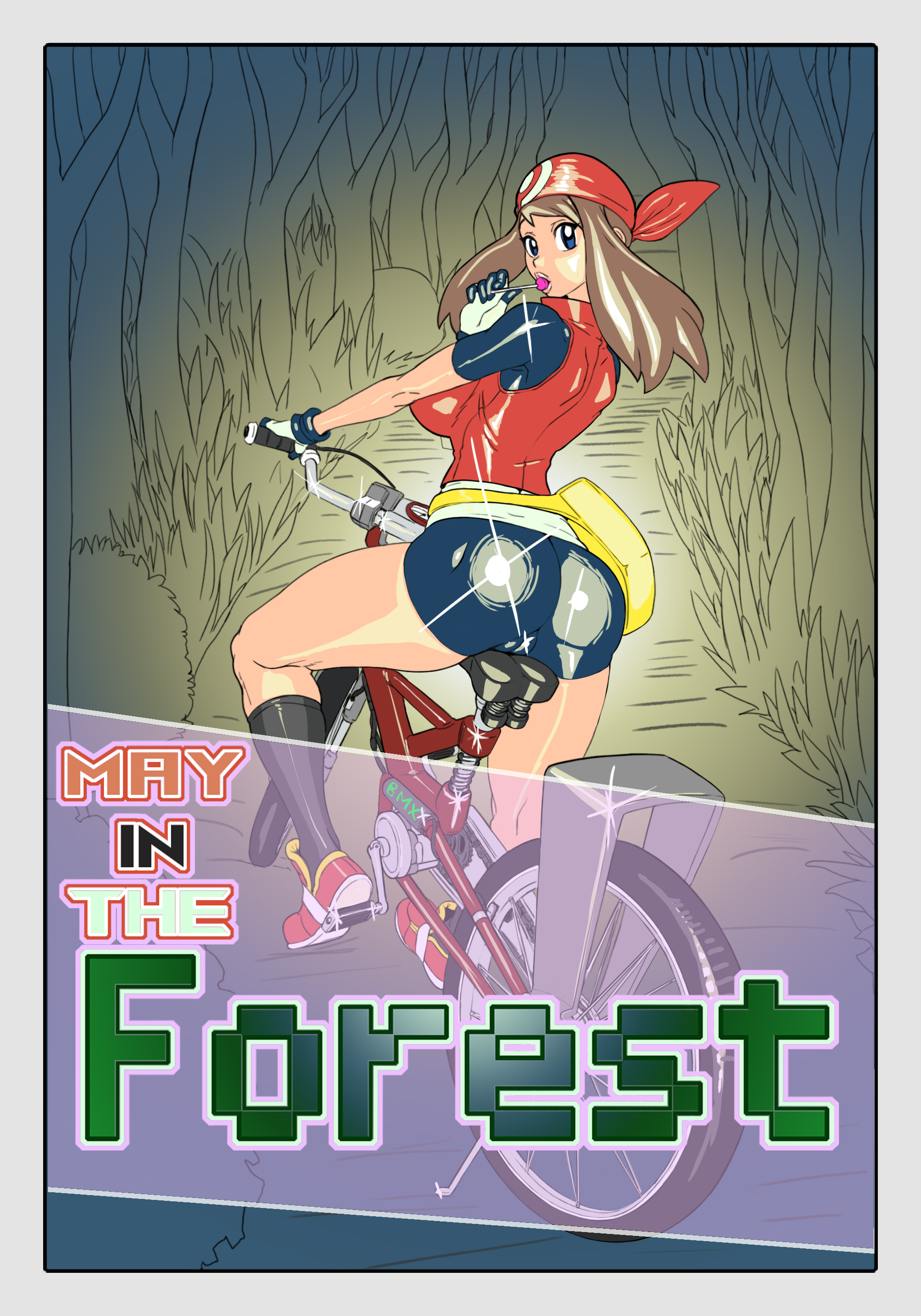 1girls, anythinggoes, asking for help, ass, bicycle, big ass, big breasts, big butt, breasts, brown hair, female, forest, forest background, may (pokemon), pokemon, tagme
