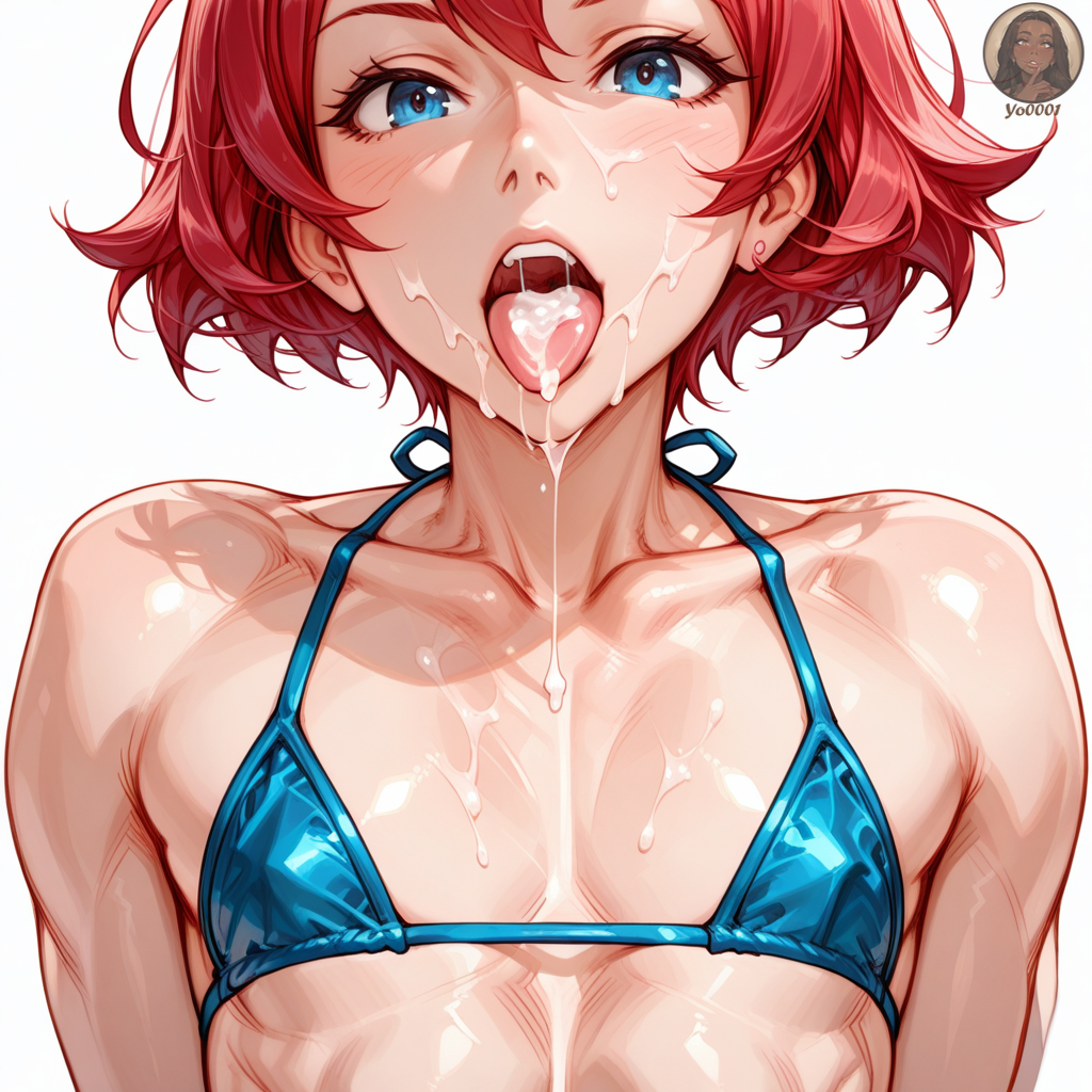 1boy, after fellatio, ai generated, bikini, blue bikini, cum in mouth, cum on face, femboy, girly, male, otoko no ko, red hair, solo, toned, trap, yo0001