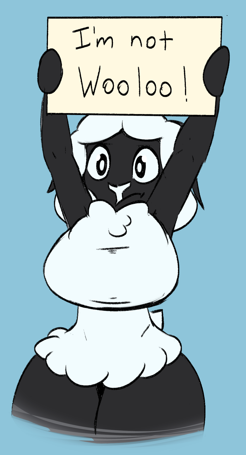 2019, anthro, big breasts, black body, black eyes, bovid, breasts, caprine, female, fur, furry, hi res, looking at viewer, mammal, miso souperstar, portrait, sheep, sheep (ultimate chicken horse), sheep girl, simple background, small waist, solo, thick thighs, three-quarter portrait, ultimate chicken horse, white body, white fur, wide hips, wool, wool (fur)