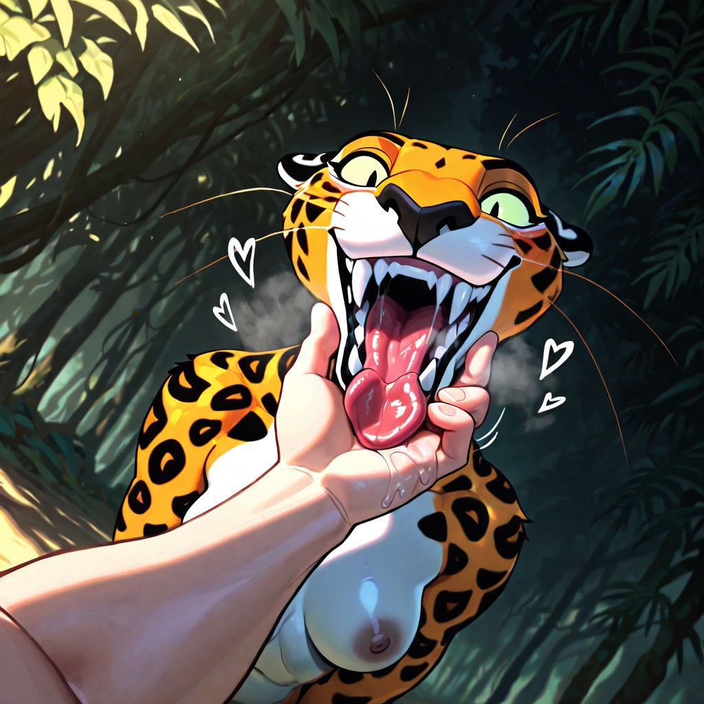 ai_generated black_lips breasts disney drool fangs felid feline female hand human_hand leopard looking_at_viewer maw mouth nipples open_maw open_mouth sabor saliva sharp_teeth tarzan_(1999_film) teeth tongue tongue_out
