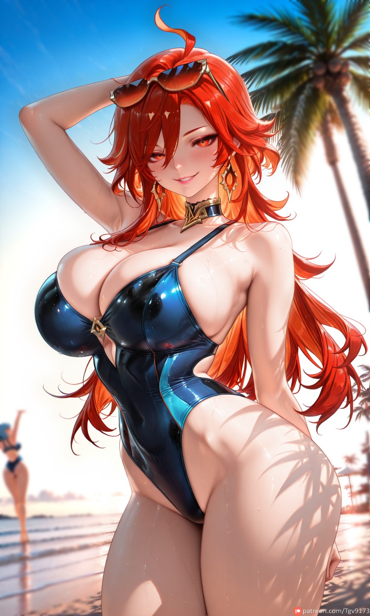 2girls, ahoge, ai generated, arm behind head, arm up, artist name, bare arms, bare shoulders, beach, blue hair, blue one-piece swimsuit, blue sky, blurry, blurry background, blush, breasts, casual one-piece swimsuit, choker, cleavage, collarbone, commission, commissions open, covered navel, cowboy shot, day, earrings, eyewear on head, genshin impact, hair between eyes, highleg, highleg swimsuit, hoop earrings, huge breasts, jewelry, large breasts, lips, long hair, looking at viewer, mavuika (genshin impact), multiple girls, one-piece swimsuit, outdoors, palm tree, parted lips, patreon logo, patreon username, red eyes, red hair, self upload, sideboob, skindentation, sky, smile, solo focus, standing, sunglasses, swimsuit, tgv9173, thick thighs, thighs, tree, water, web address, wet, wide hips