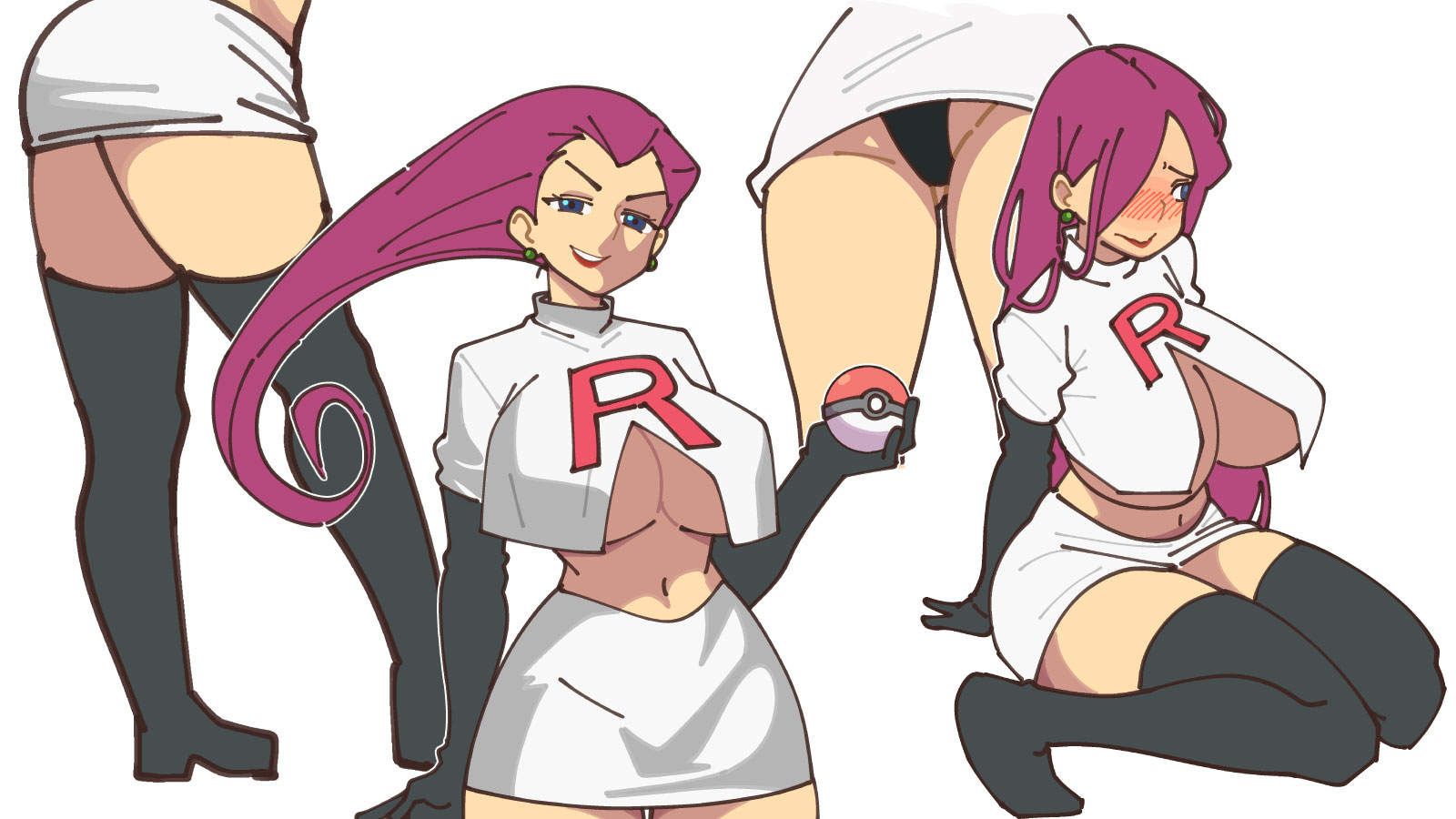 1girls, 2d, 2d (artwork), black boots, black gloves, black panties, black socks, blue eyes, blush, boots, breasts, color, earring, elbow gloves, female, female focus, gloves, hair down, jessie (pokemon), kneeling, large breasts, lipstick, long hair, mayu naisu, midriff, pantyshot, pokeball, pokemon, purple hair, team rocket, thigh boots, thigh highs, thighhighs, underboob, voluptuous, voluptuous female, wet hair, widow's peak
