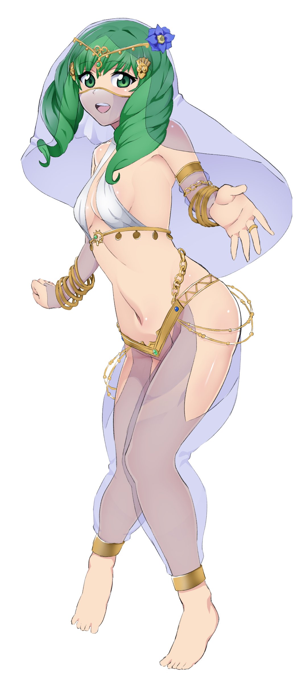 1girls breasts dancer dancer_outfit fire_emblem fire_emblem:_three_houses flayn_(fire_emblem) flower flower_in_hair green_eyes green_hair looking_at_viewer monstermilk nintendo small_breasts veil