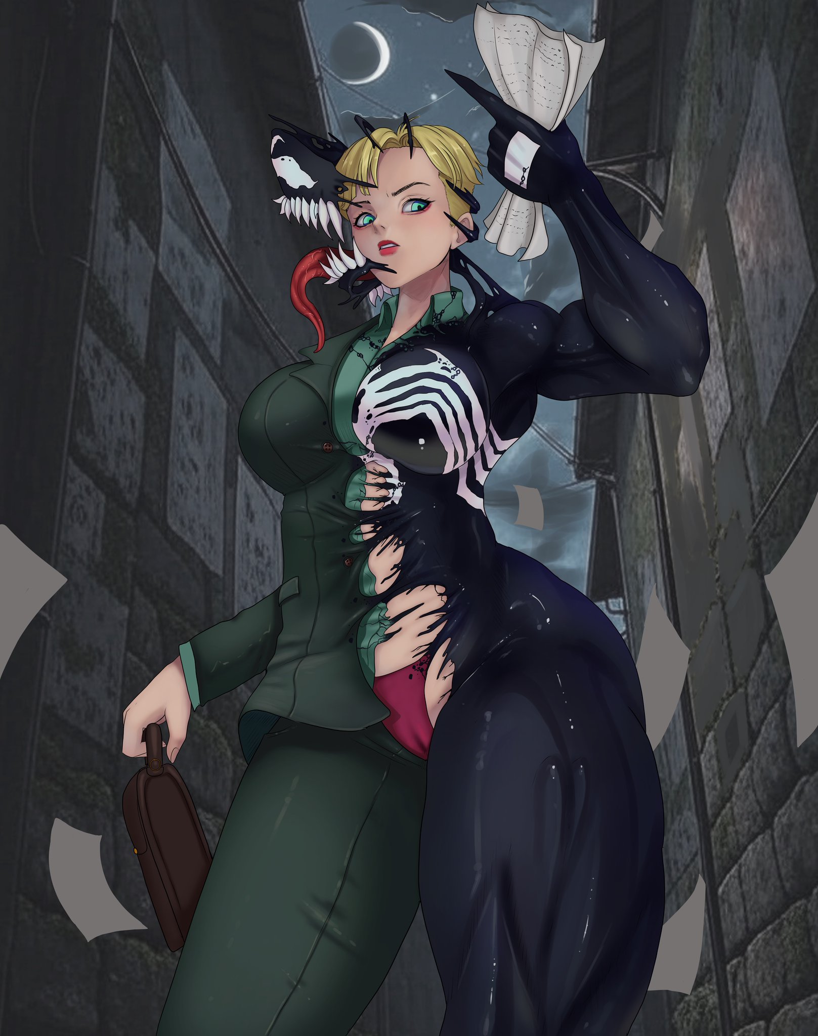 1girls, alley, anne weying, blonde hair, blue eyes, breasts, briefcase, business suit, cameltoe, female, marvel, marvel comics, moon, muscular, neroha, newspaper, night, panties, paper, pussy, she-venom, short hair, spider-man (series), suit, symbiote, venom, venom (marvel)