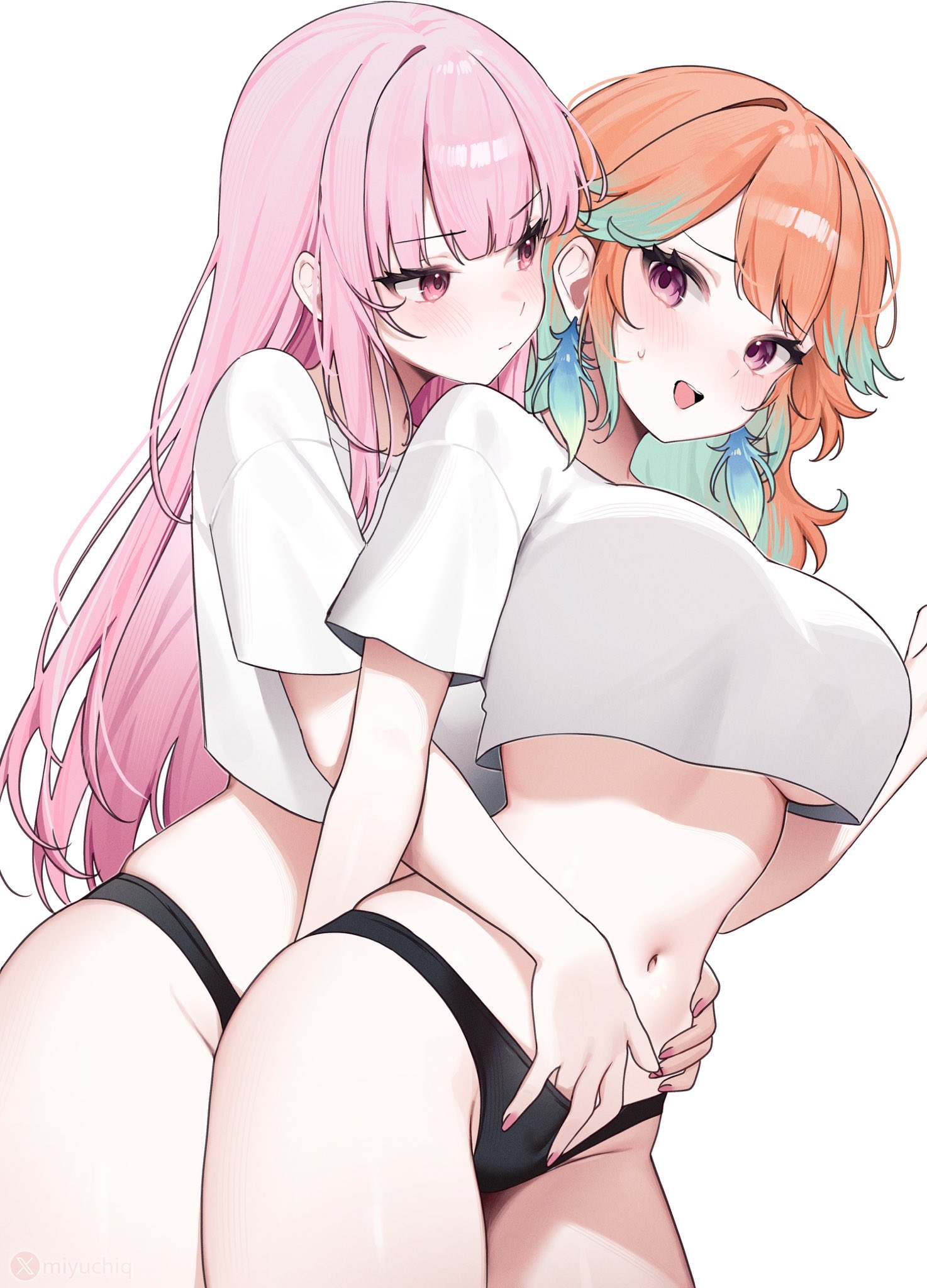 2girls, black panties, breasts, crop top, female, female only, fingering, fingers, fingers in panties, hololive, hololive english, hololive myth, large breasts, looking at another, looking back, miyuchiq, mori calliope, panties, takamori (hololive), takanashi kiara, thighs, underboob, virtual youtuber, white crop top, white shirt, yuri