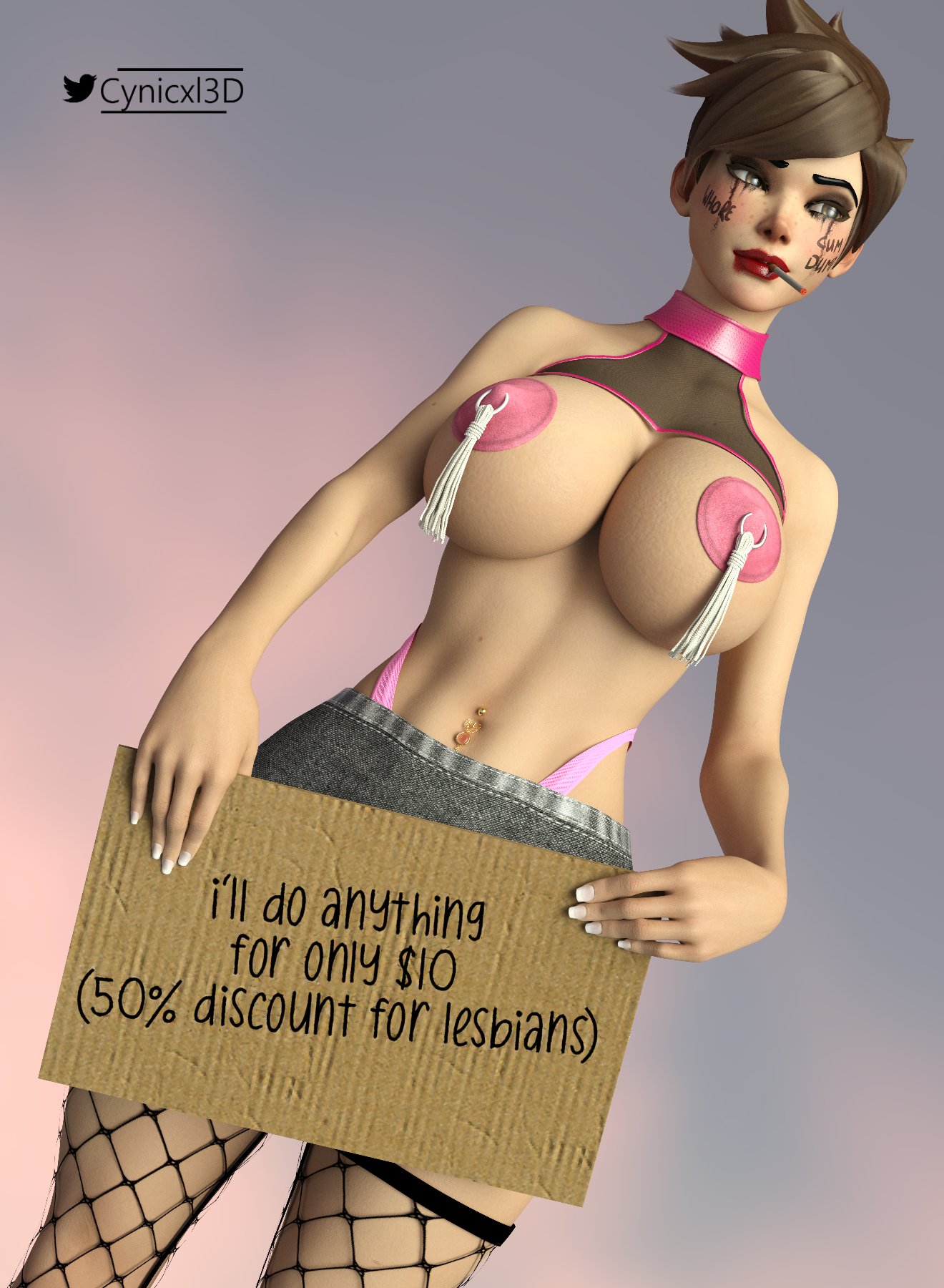 1girls, 3d, alternate version at source, big breasts, blizzard entertainment, body writing, breasts, brown eyes, brown hair, cigarette, cynicxl3d, denim skirt, face writing, female, female only, fishnets, freckles, hooker, huge breasts, jean skirt, makeup, mascara, navel piercing, nipple tassels, overwatch, pasties, prostitute, prostitution, running mascara, runny makeup, short hair, sign, smoking, solo, text, thong, thong straps, tomboy, tracer