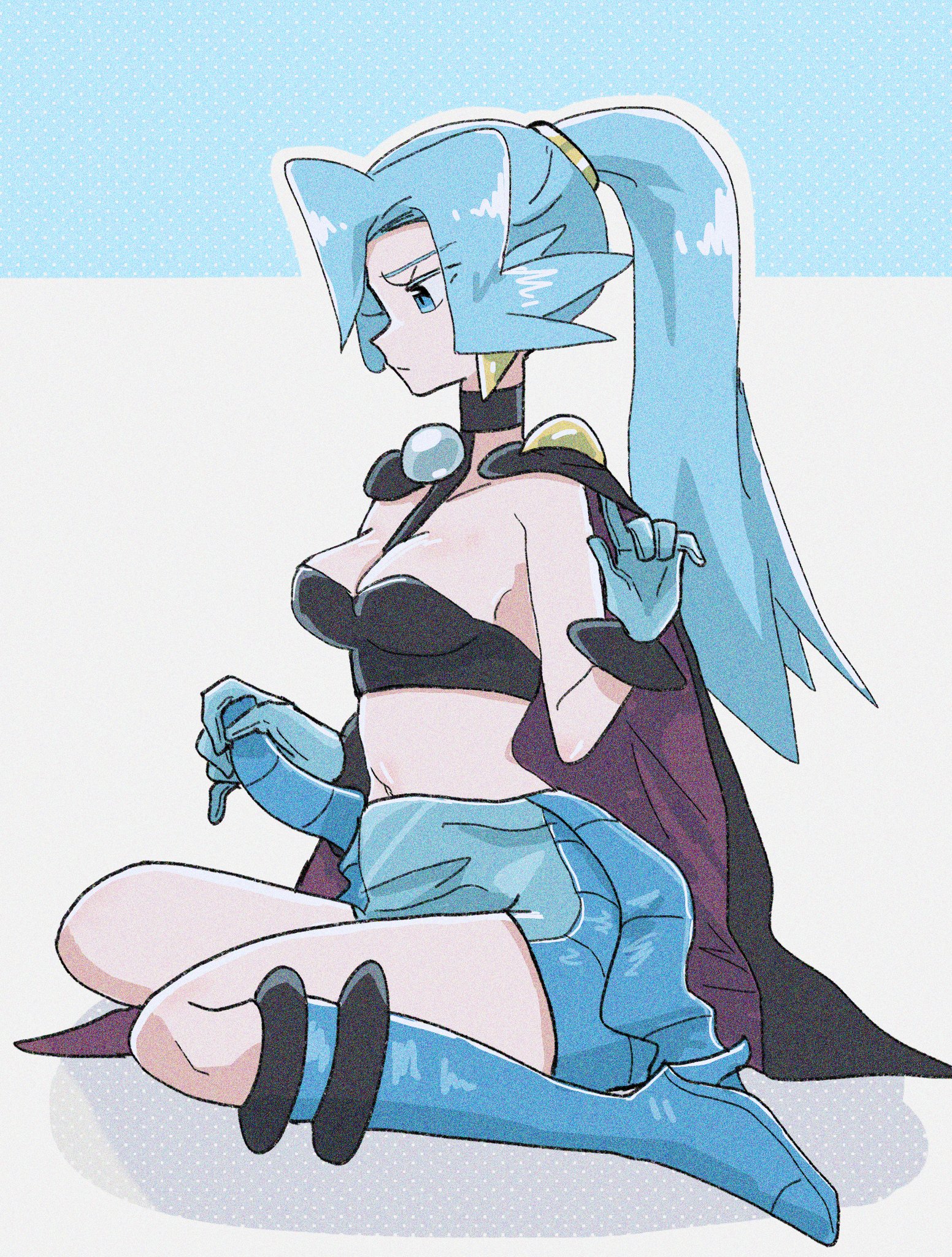 armpit crease, bare arms, bare belly, bare shoulders, belly button, black bra, blue eyes, blue gloves, blue hair, bodysuit, bra, breasts, clair (pokemon), cleavage, closed mouth, collarbone, female, gloves, high heel boots, high ponytail, long hair, mature female, medium breasts, on knees, partially undressed, pokemon, ponytail, shu (witb ), thigh boots, thighs, underwear