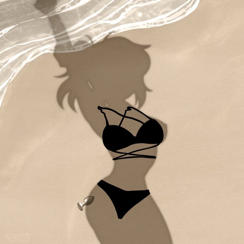 1girls, anal plug, beach, bikini, bikini bottom, bikini top, buttplug, digital drawing (artwork), digital media (artwork), dildo, dressed shadow (meme), female, meme, nude, redlotus, renee graves, sea, shadow, silhouette, solo, the coffin of andy and leyley, water, watermark