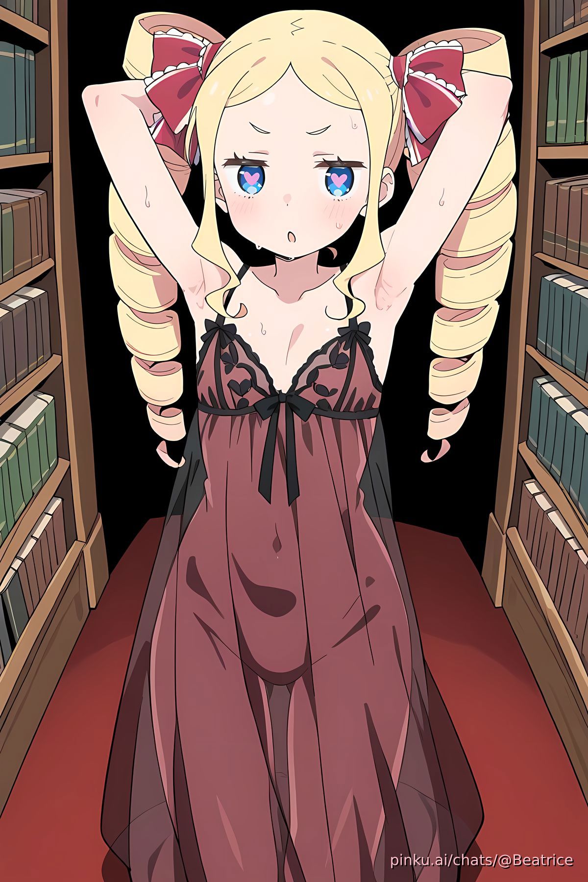 ai generated, armpit fetish, armpits, beatrice (re:zero), belly, belly button, breasts, female, flat chest, lingerie, pinku.ai, re:zero kara hajimeru isekai seikatsu, see-through, see-through clothing, small breasts, sweat, sweatdrop, sweating, thigh gap, wet, wet body, wet skin