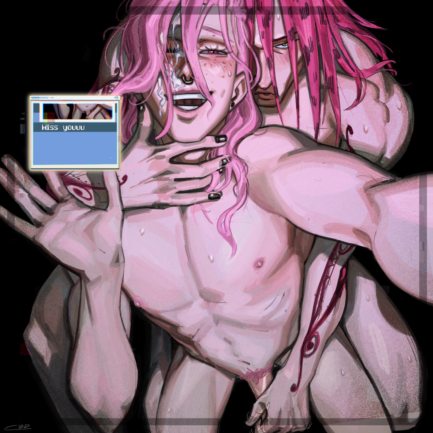 2d (artwork), anal, cowboydio, diavolo, gay, jojo's bizarre adventure, male, pink hair, vento aureo, vinegar doppio