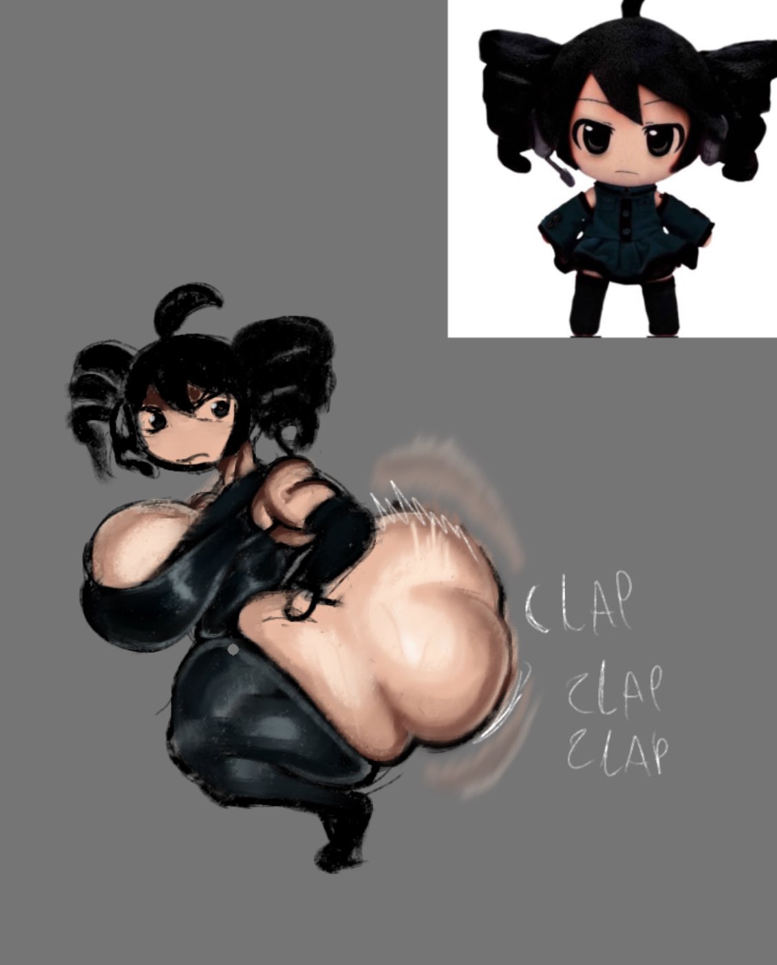 alternate costume, alternate hair color, ass, ass bigger than head, big ass, big breasts, black hair, bottomless female, breasts, clapping cheeks, disumisu2, emo, female, freaky2weak, goth, kasane teto, kasane teto (shadow the hedgehog equivalent), large ass, plushie, shaking, shortstack, side view, twerking, twin drills, twintails, utau