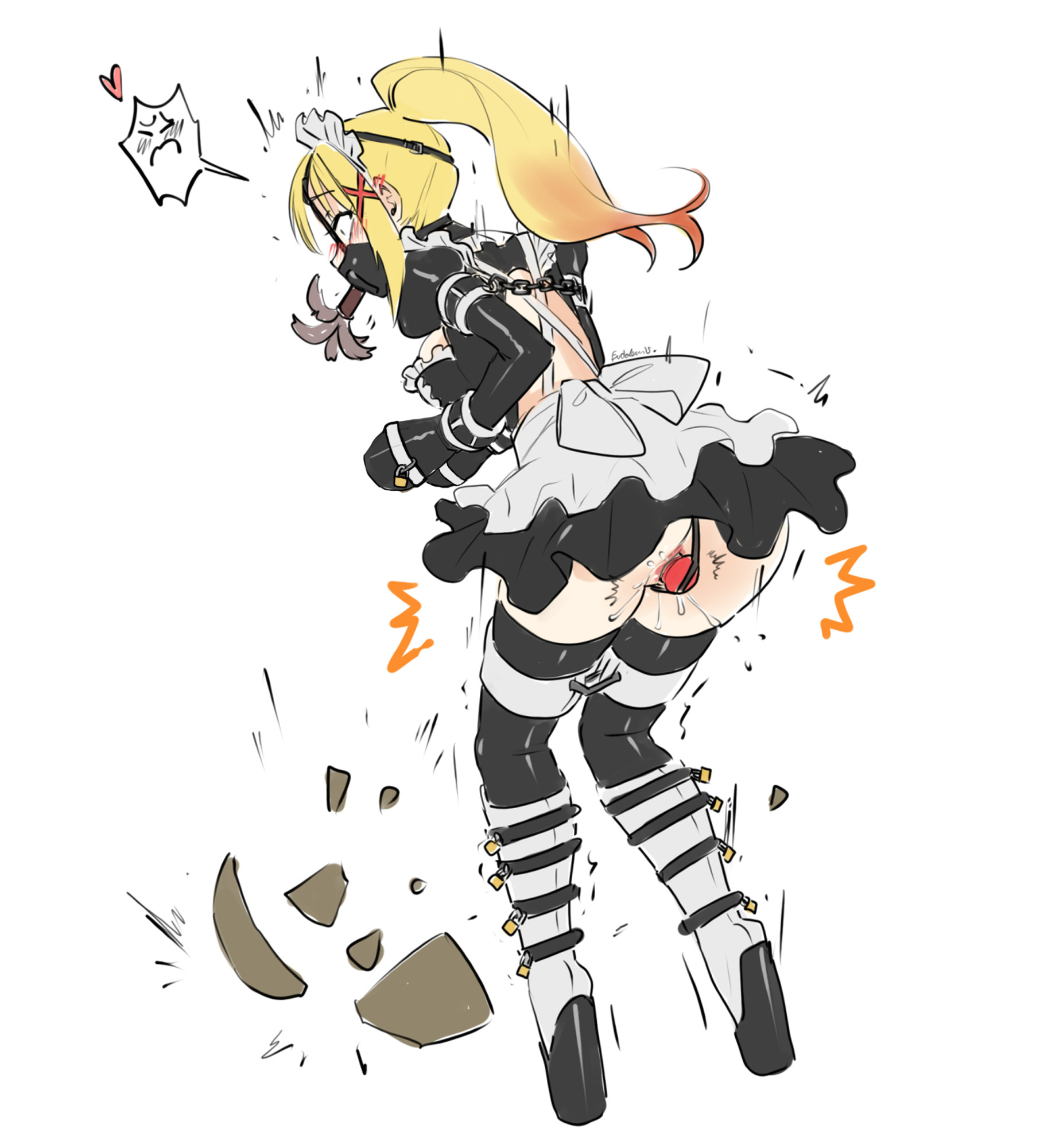 1girls, ballet boots, ballet heels, bdsm collar, bondage, bondage mittens, bound, cuffs, darkness (konosuba), duster gag, eudetenis, female, female only, femsub, gag, gagged, harness gag, head harness, high heels, kono subarashii sekai ni shukufuku wo!, latex, latex clothing, latex dress, latex maid, maid, maid apron, maid headdress, maid outfit, maid uniform, pussy, shiny clothes, uniform, very high heels, vibrator, vibrator in pussy, waitress, wedge heels