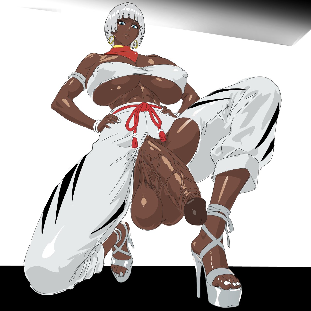 1futa, balls, barely clothed, dark skin, dark-skinned futa, elena (street fighter), futa only, futanari, high heels, intersex, nipples visible through clothing, penis, shihouinsutara, solo, street fighter, street fighter 6, veiny penis, white background, white clothing, white hair, white nails