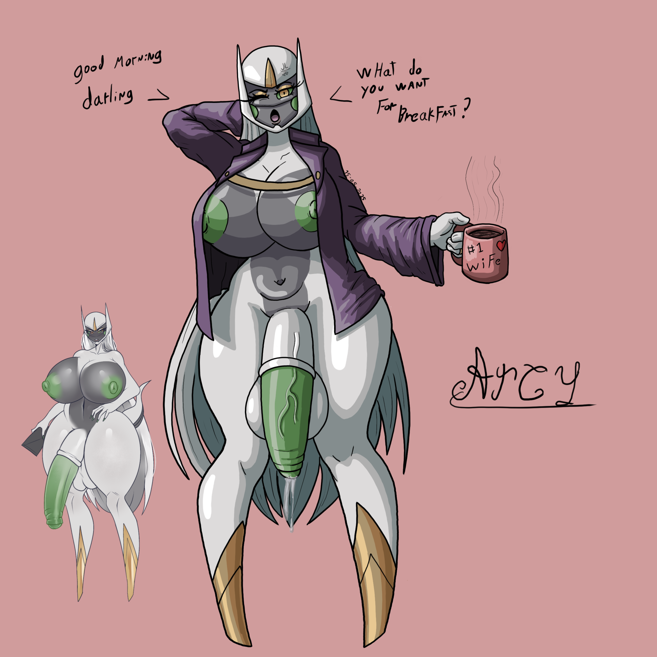 1:1, 1:1 aspect ratio, 1futa, alternate color, arceus, arcy (jeidan limorty), areolae, balls, bottomless, breasts, clothed, clothing, creatures (company), cum drip, cup, dickgirl, english text, foreskin, futa only, futanari, game freak, gen 4 pokemon, generation 4 pokemon, green areola, green nipples, green penis, green sclera, holding mug, huge breasts, humanoid, humanoid penis, intersex, jeidan limorty, legendary pokemon, long hair, looking at viewer, mature, mature futa, mostly nude, mug, mythical pokemon, nintendo, nipples, no feet, one arm behind head, one eye closed, open mouth, open shirt, penis, pokemon, pokemon dppt, purple clothes, purple clothing, purple shirt, purple topwear, self upload, solo, standing, uncircumcised, uncut, veiny penis, very long hair, white hair, wife, yellow eyes, yellow eyeshadow