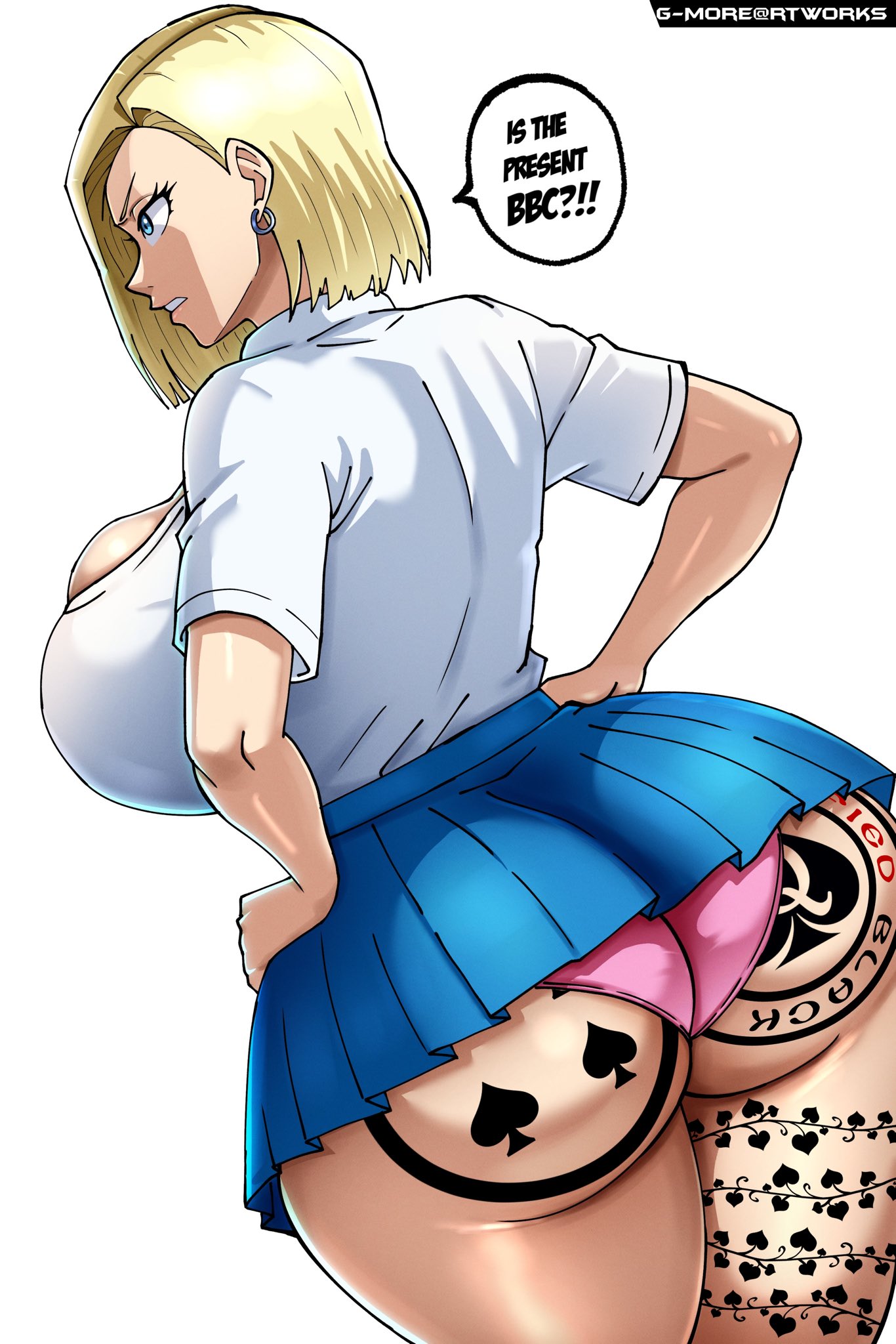 android 18, blonde hair, blue eyes, dark skin, dark-skinned male, dragon ball, dragon ball super, dragon ball z, female, gmoreartworks, interracial, male, miniskirt, netorare, ntr, panties, queen of spades, raceplay, school uniform, tattoo