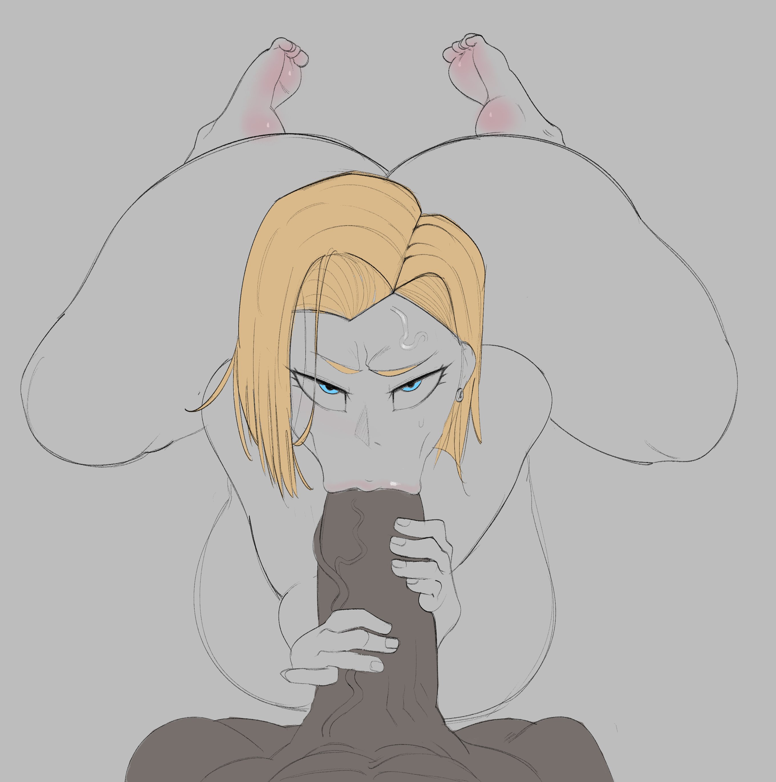 :>=, android 18, ass, big ass, big breasts, big penis, blonde female, blonde hair, blowjob, blue eyes, breasts, dark skin, dark-skinned male, dragon ball, dragon ball super, dragon ball z, feet, fellatio, female, interracial, kyolittlemotto, kyomottinho, light skin, light-skinned female, male, nude, penis, pov