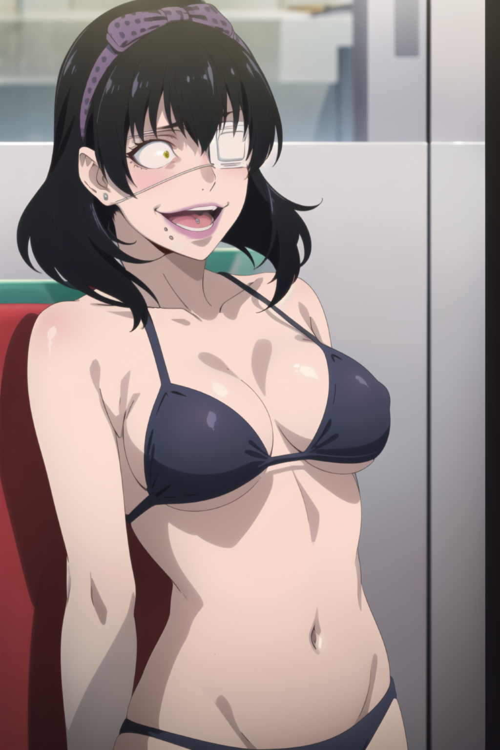 ai_generated bikini breasts dark_hair eyepatch female ikishima_midari kakegurui lipstick medical_eyepatch piercings short_hair solo stud_earrings upper_body