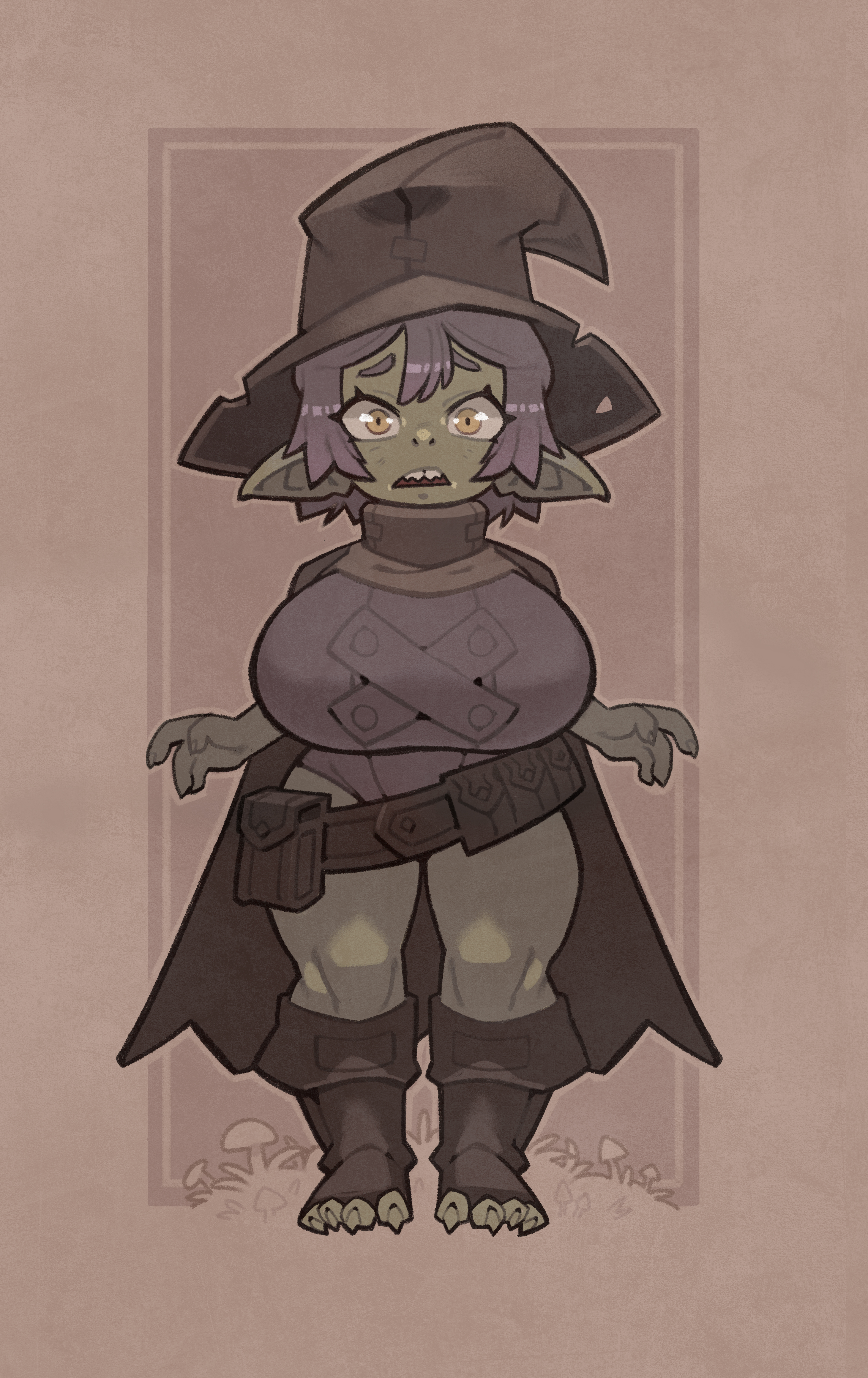 belt, big breasts, breasts, cape, clawed fingers, clawed toes, female, female only, freckles, gertie gobwich, goblin, goblin female, green skin, huge areolae, huge breasts, nipples, open toe shoes, potion bottle, purple hair, sharp teeth, shortstack, subhueman, thighs, witch hat, wizard hat, yellow eyes