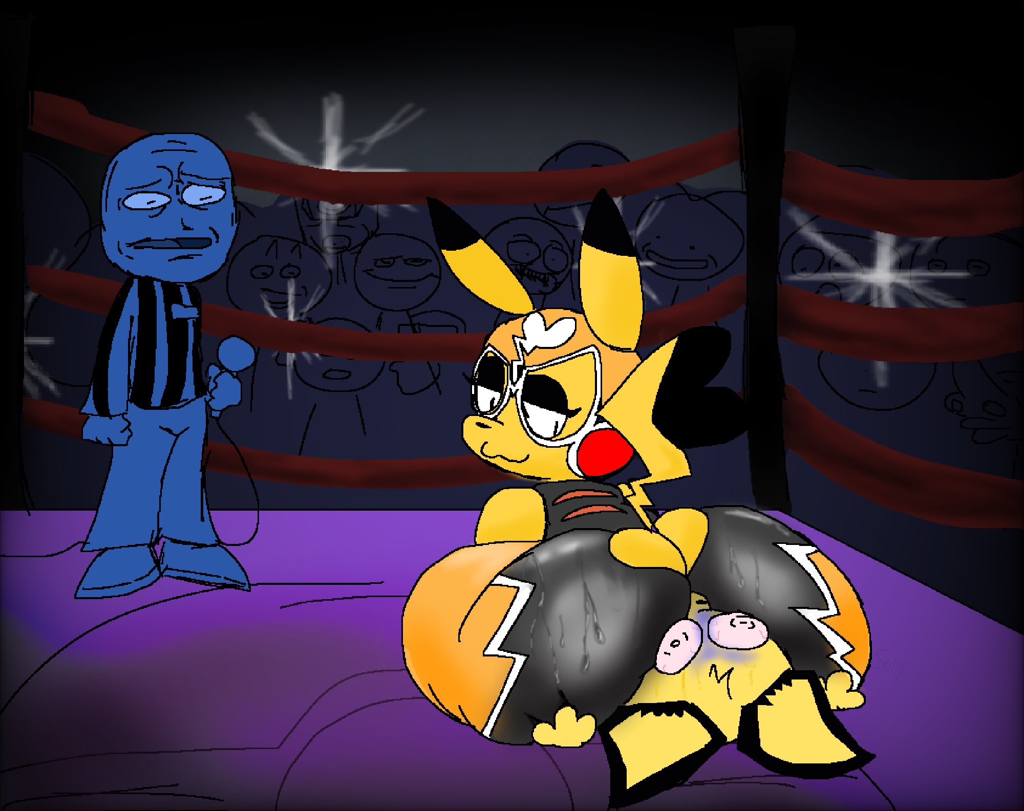 ambiguous gender, anthro, asphyxiation, ass, ass cleavage, ass crack, ass grab, butt crack, cosplay pikachu, facesitting, nintendo, pichu, pikachu, pikachu libre, pokemon, pokemon (species), soupgooner, soupsonic705, tagme