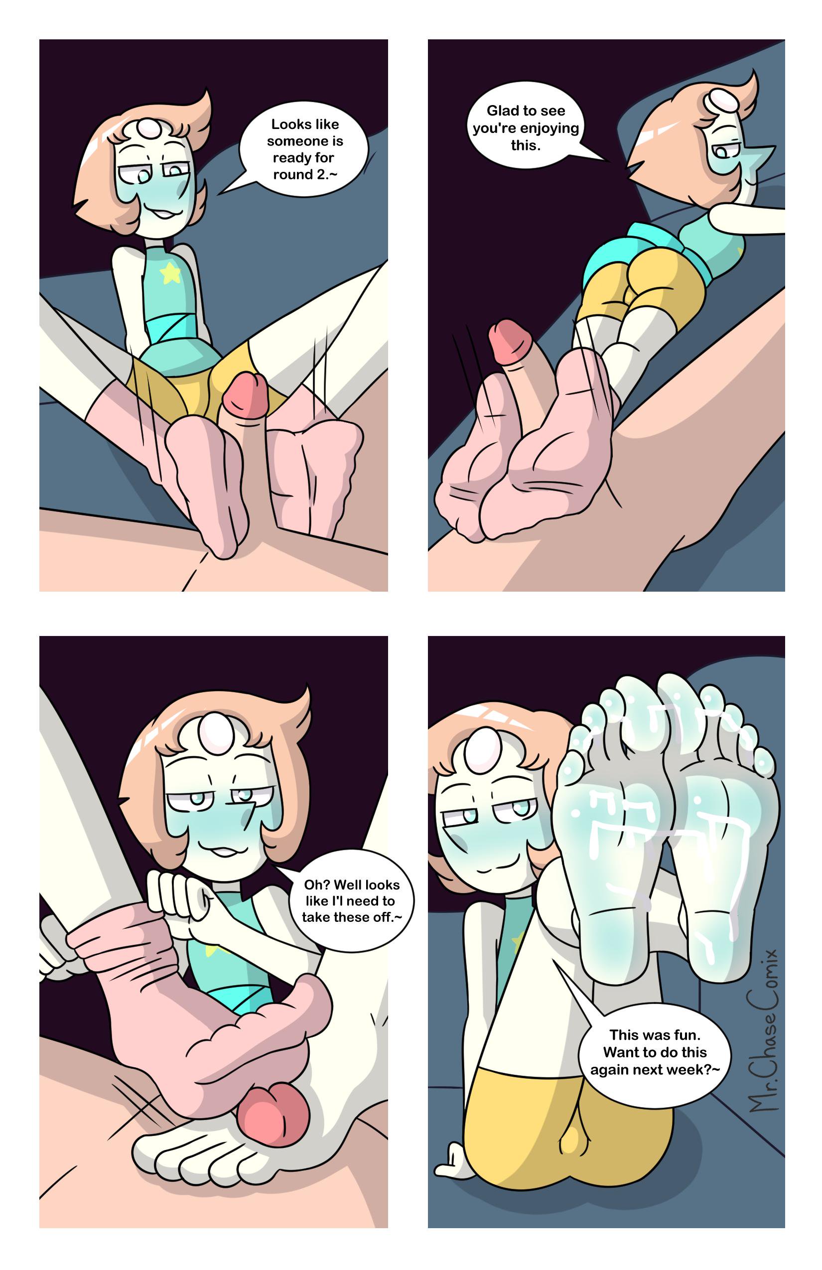ass, barefoot, blush, comic, cum, cum on feet, cum on soles, dialogue, feet, female, foot fetish, footjob, footjob with legwear, male, mr. chase comix, pearl (steven universe), penis, sex, sockjob, socks, soles, speech bubble, steven universe, toes