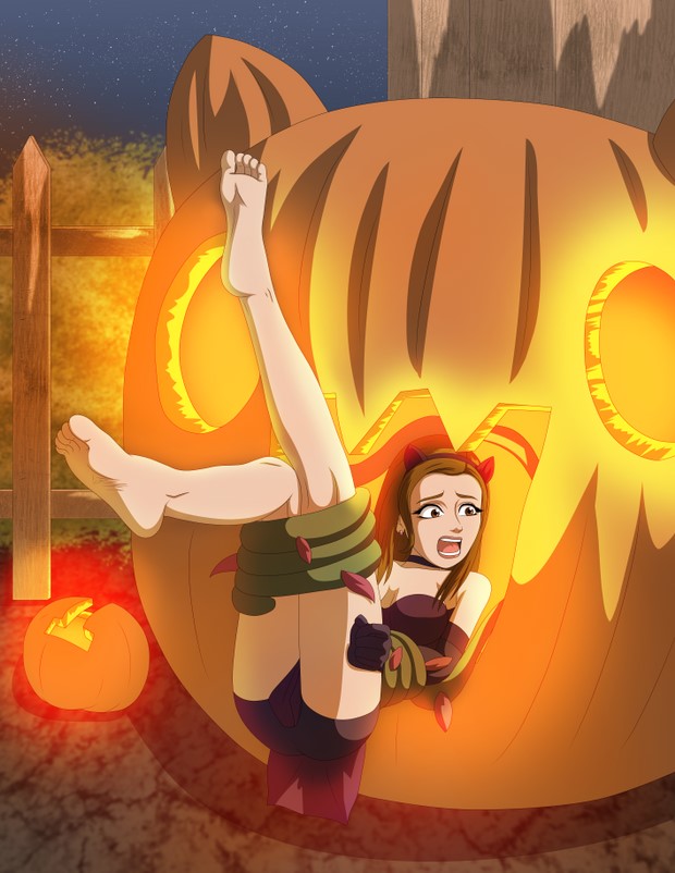 ariana_grande barefoot brown_hair cat_costume cat_ears elmonais female female_prey halloween halloween_costume imminent_death jack-o'-lantern pumpkin pumpkin_monster scared scared_expression vore