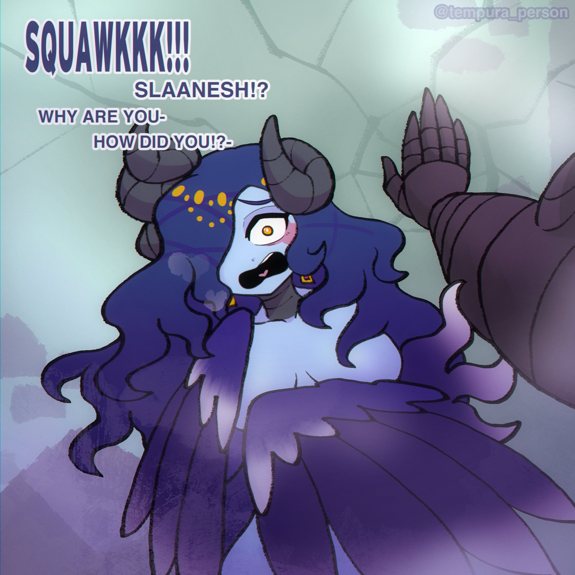 2girls, chaos (warhammer), chaos god, chaos goddess, completely nude, convenient censoring, cute, dialogue, english text, female, female only, multiple females, multiple girls, nude, slaanesh, tagme, tempura person, text, tzeentch, warhammer (franchise), warhammer 40k, yuri