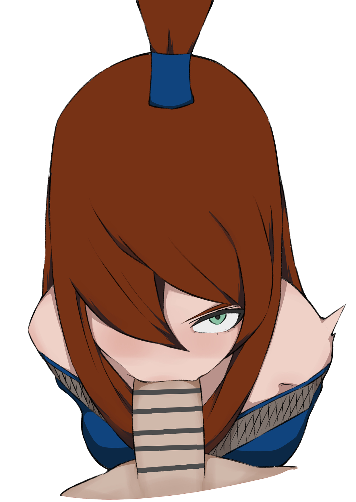 1boy, 1girls, bare shoulders, blowjob, blue dress, blush, breasts, brown hair, censor bar, censored, censored penis, cropped torso, dress, eye contact, faceless male, fellatio, female, female focus, from above, green eyes, male, male pov, male/female, mature, mature female, mei terumi, naruto, naruto (series), naruto shippuden, oral, oral sex, partial male, penis, penis in mouth, pointless censoring, pov, pov eye contact, straight, terumi mei, viewed from above, zubinzubin