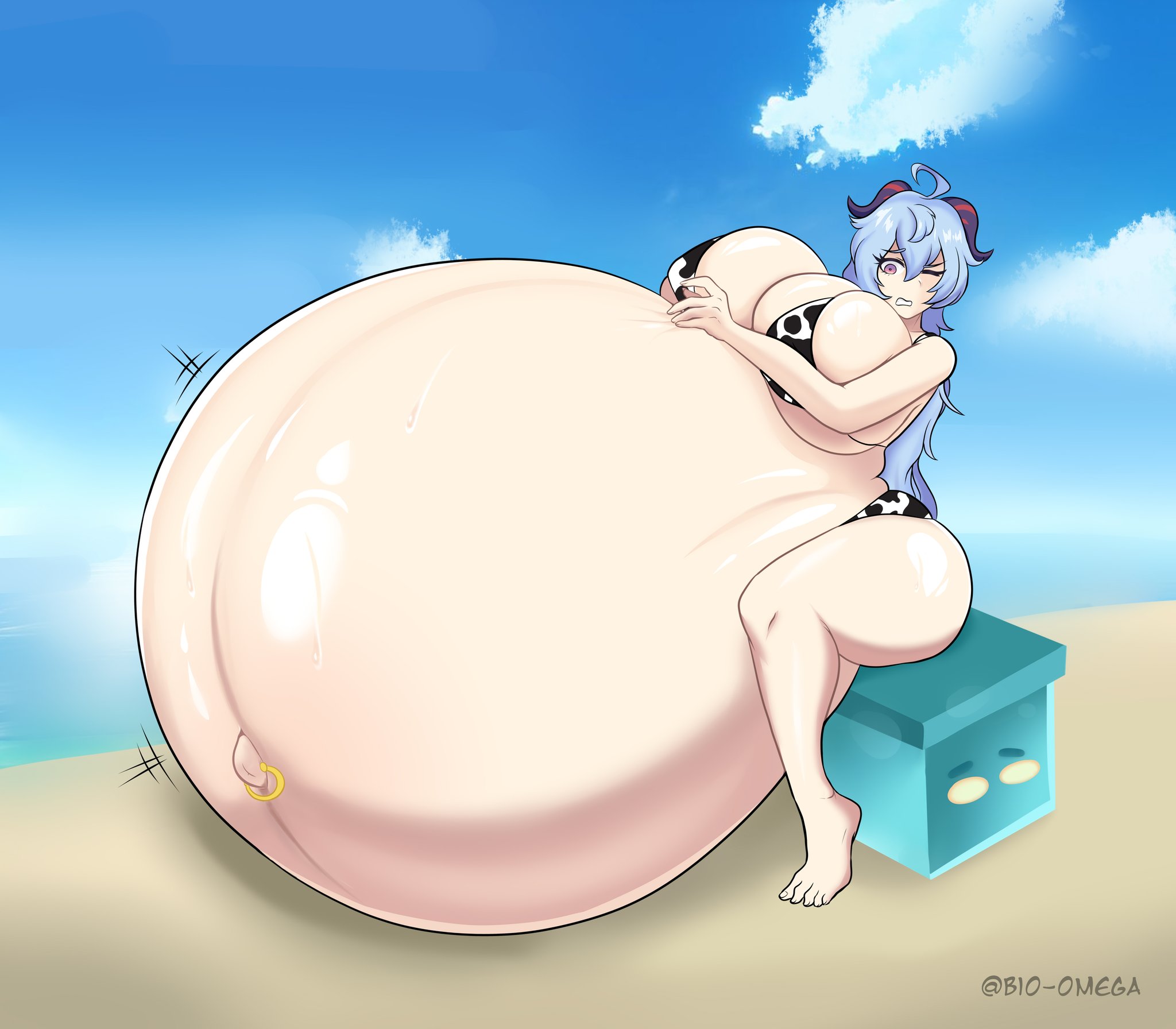 1girls, artist name, barefoot, beach, big belly, bikini, breasts, cow print, cow print bikini, female, female focus, female only, fetal movement, ganyu (genshin impact), genshin impact, gigantic belly, gigantic breasts, gigantic thighs, hoyoverse, hyper belly, hyper breasts, hyper pregnancy, hyper thighs, looking away, mihoyo, mihoyo technology (shanghai) co. ltd., navel piercing, one eye closed, pregnant, shiny skin, signature, sitting, solo, solo female, solo focus, thick thighs, twitter username, wide hips