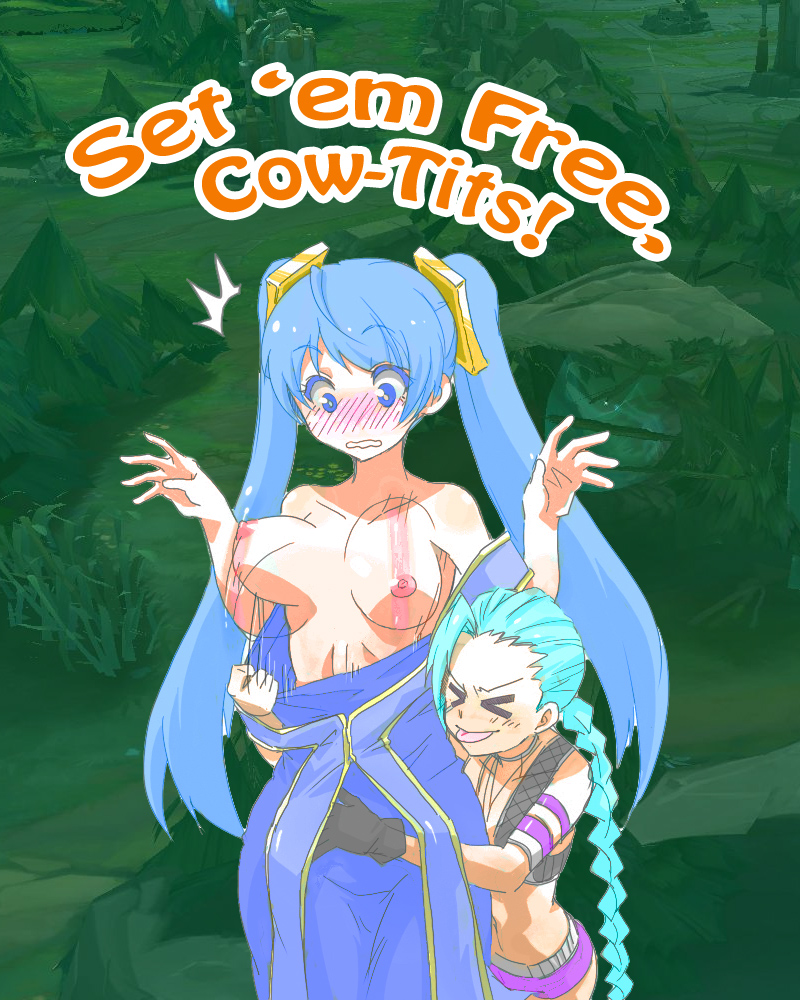 2girls artist_request assisted_exposure big_breasts blue_eyes blue_hair blush bouncing_breasts breasts breasts_out breasts_out_of_clothes clothes_pull crossed_eyes cyan_hair dress_pull embarrassed embarrassed_nude_female exposed_breasts exposed_shoulders female female_only forced_exposure happy jinx_(league_of_legends) league_of_legends mischevious multiple_girls nipples pale-skinned_female pale_skin prank public public_nudity riot_games sona_buvelle source_request suddenly_topless surprised surprised_expression text thick_thighs tongue tongue_out topless topless_female topwear_pull twintails w_arms wavy_mouth wide_hips