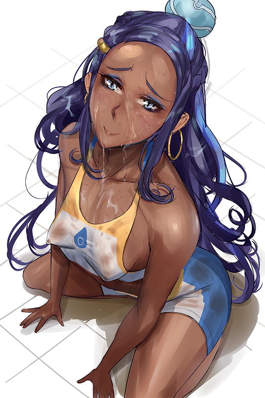 1girls, blue eyes, blue hair, bukkake, clothing, cum, cum on clothes, cum on face, dark skin, dark-skinned female, eye contact, female, female only, hair, half-closed eyes, kneeling, krabby (artist), long hair, looking at viewer, nessa (pokemon), nintendo, nipples, pokemon, pokemon ss, solo, video games, wet, wide hips