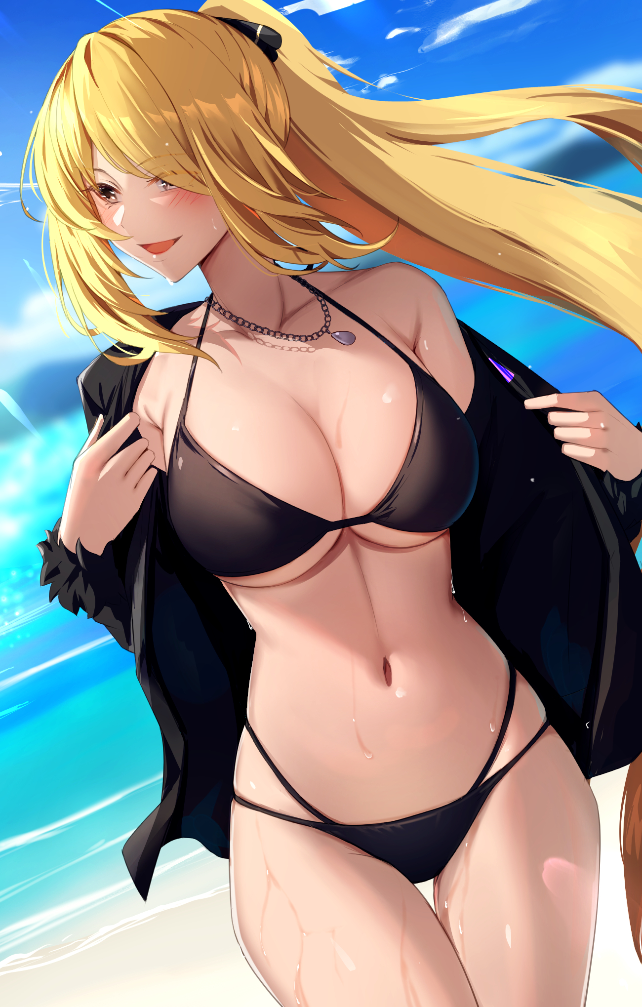 1girls, beach, big breasts, bikini, black bikini, black jacket, black swimsuit, blonde hair, breasts, clouds, cynthia (pokemon), female, grey eyes, hair ornament, hair over one eye, jacket, large breasts, medium breasts, midriff, milf, navel, necklace, nintendo, ocean, open jacket, outside, pokemon, pokemon dppt, ponytail, sky, solo, swimsuit, water, yoshimoto (carpsukidayo)