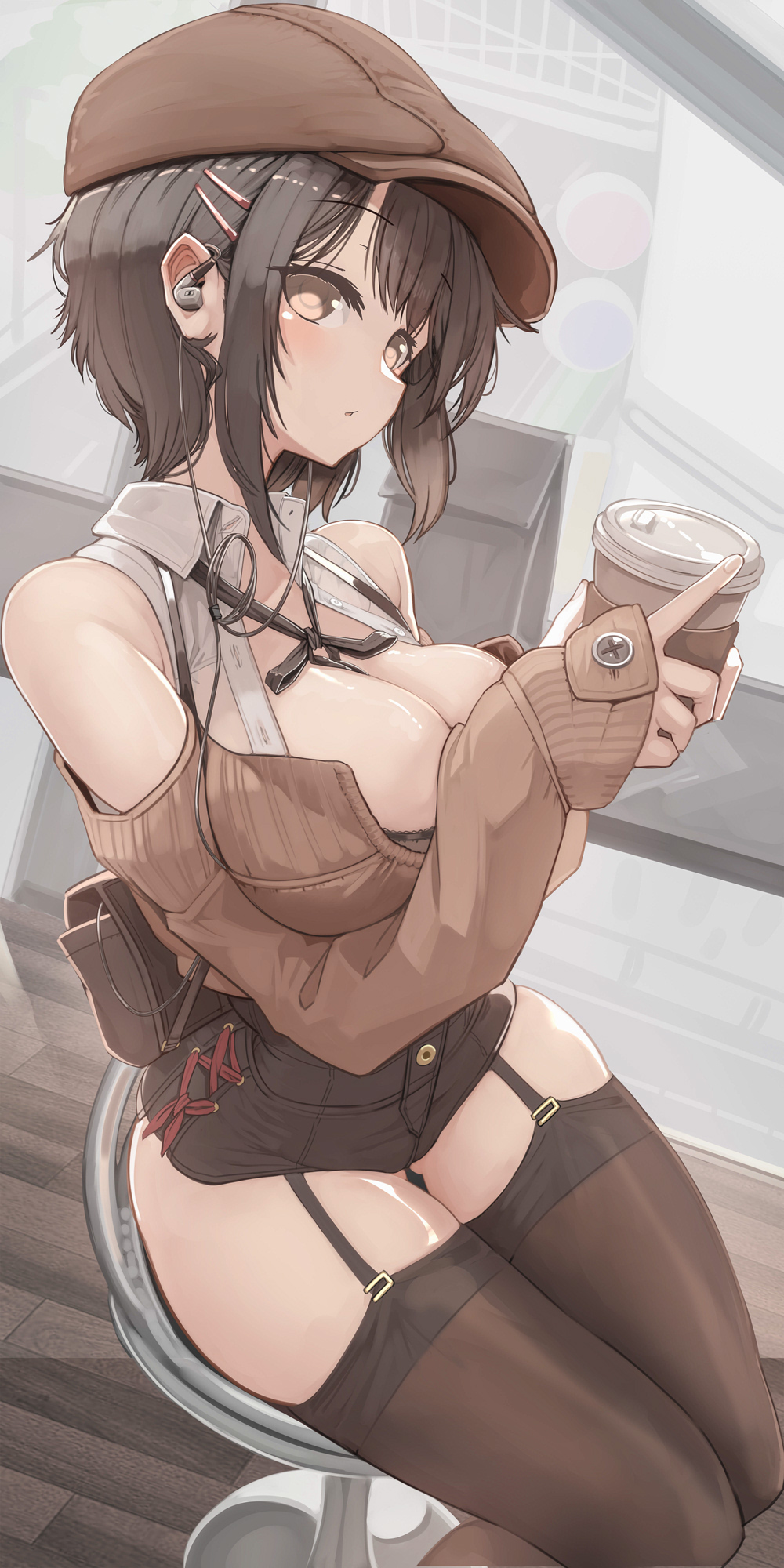 big_ass big_breasts bra breast_squeeze brown_eyes corset genek listening_to_music long_sleeves looking_at_viewer short_hair side_view sitting sitting_on_chair slim_waist stockings teenager thick_thighs thighhighs wide_hips