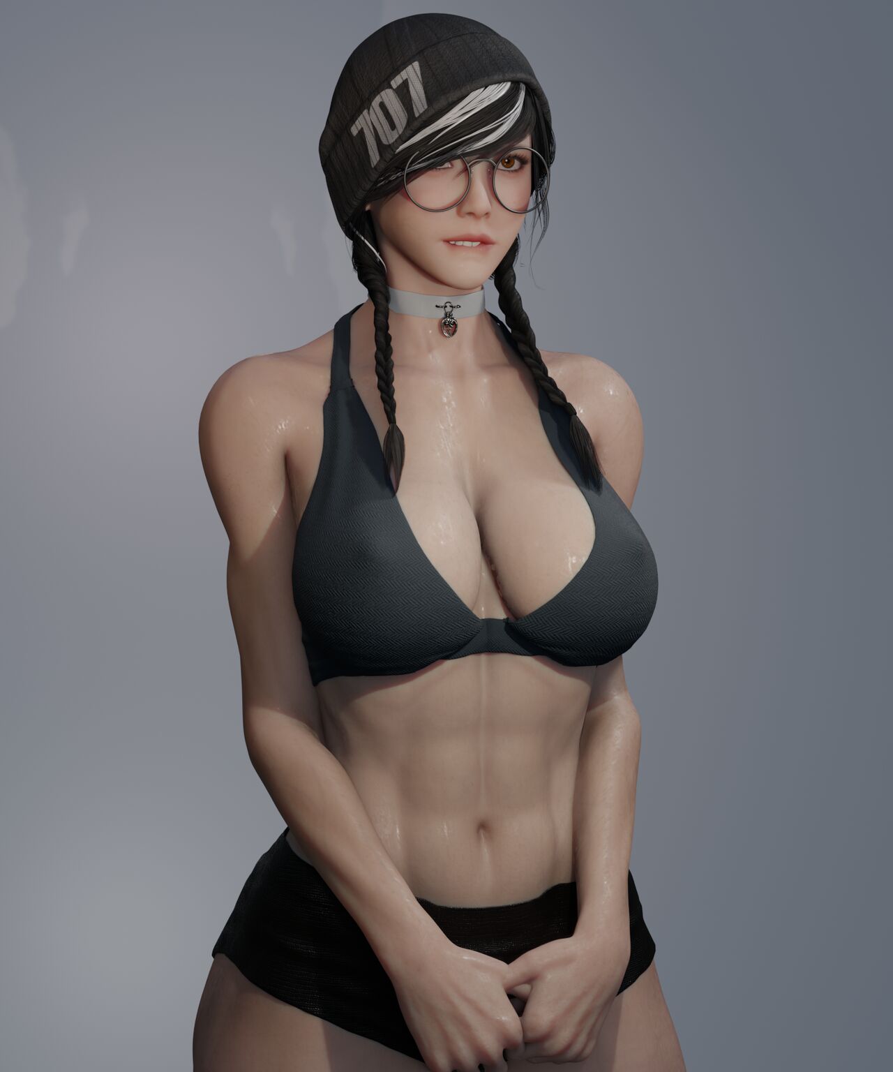 1girls, 3d, abs, asian, asian female, big breasts, biting lip, black hair, braided twintails, breasts, choker, cleavage, collar, dokkaebi (rainbow six), female, female only, fit, fit female, glasses, hat, muscular, muscular female, rainbow six siege, soboro, solo, sweat, tagme, toned, toned arms, toned belly, toned body, toned female, toned legs, toned stomach