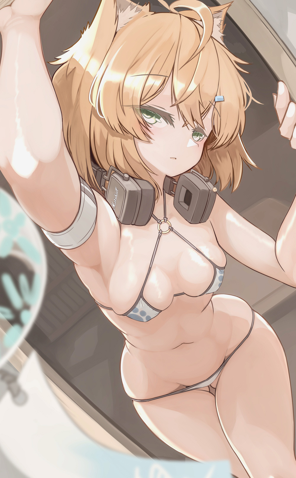 bikini blonde_hair bob_cut brown_hair furry_ears genek green_hair inner_thighs looking_at_viewer looking_up petite petite_body petite_female short_hair slim_waist small_breasts swimsuit teenager thighs wide_hips