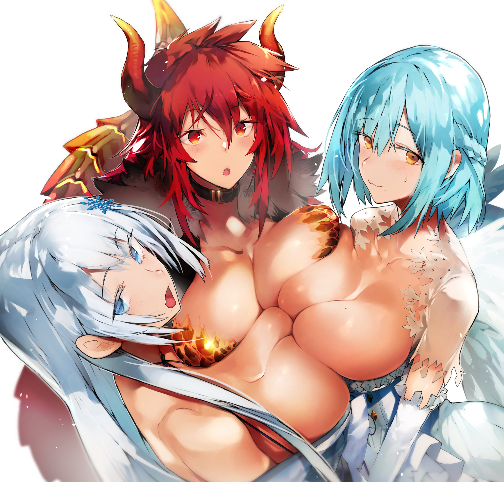 asymmetrical docking, bangs, blue eyes, blue hair, blush, braid, breast press, breasts, cleavage, commentary request, dola (nijisanji), dragon girl, dragon horns, dress, elbow gloves, eyebrows visible through hair, female, french braid, gloves, hair between eyes, hair ornament, highres, horns, huge breasts, large breasts, long hair, long sleeves, looking at viewer, moira (nijisanji), mole, mole on breast, mole under mouth, multiple females, multiple girls, nijisanji, nishiide kengorou, open mouth, red eyes, red hair, setsuna (nijisanji), short hair, sidelocks, smile, snowflake hair ornament, tail, virtual youtuber, white hair, wings, yellow eyes