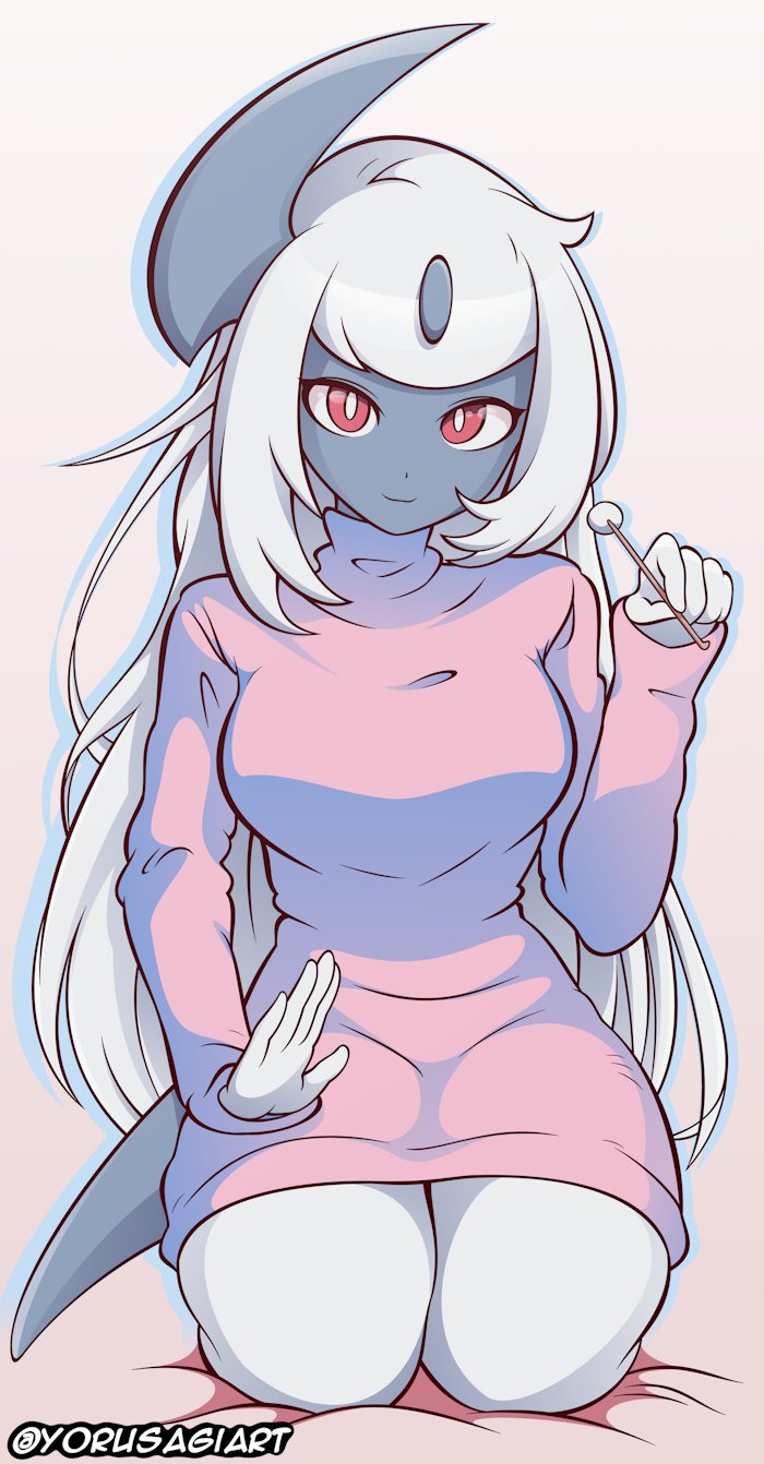 absol anthro big_breasts breasts dress ear_cleaning female fur furry long_hair long_sleeves patting_lap pokemon pokemon_(species) solo_female sweater_dress thick_thighs white white_fur wide_hips yorusagi