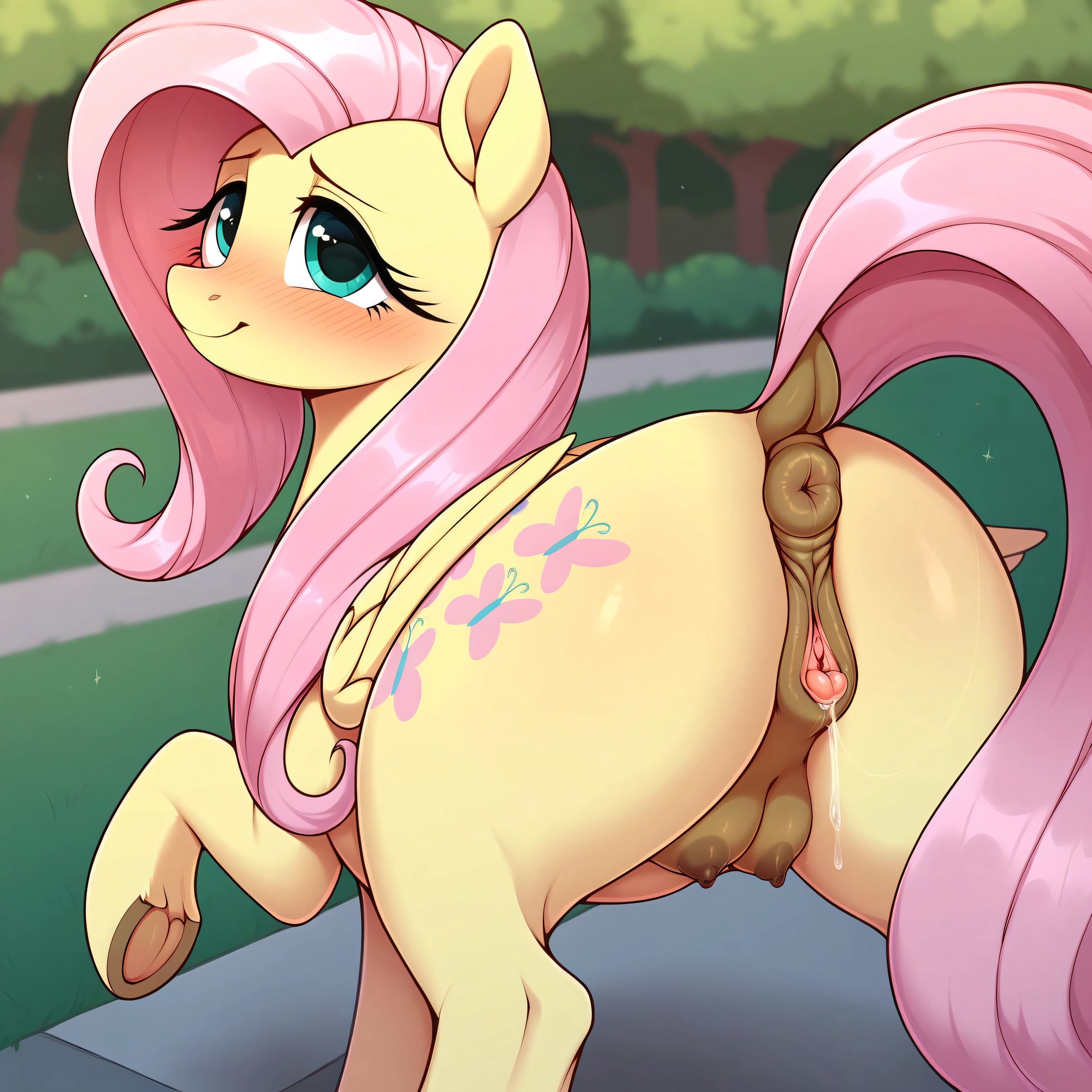 1girls, ai generated, anatomically correct, anatomically correct genitalia, anatomically correct pussy, animal genitalia, animal pussy, anus, blush, breasts, clitoral winking, clitoris, crotchboobs, dock, equid, equine, equine anus, equine genitalia, equine pussy, female, female feral, female only, feral, feral only, fluttershy (mlp), friendship is magic, furry, hasbro, horse, mammal, my little pony, nipples, pegasus, pink hair, pink tail, ponut, pony, presenting hindquarters, pussy, pussy juice, rear view, tail
