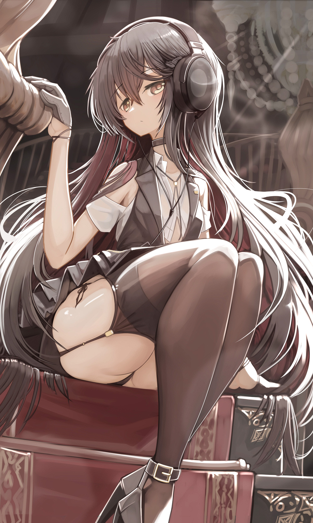 bare_thighs big_ass black_hair genek gloves headset high_heels long_hair looking_at_viewer looking_down sitting skirt stockings teenager thick_thighs thighhighs