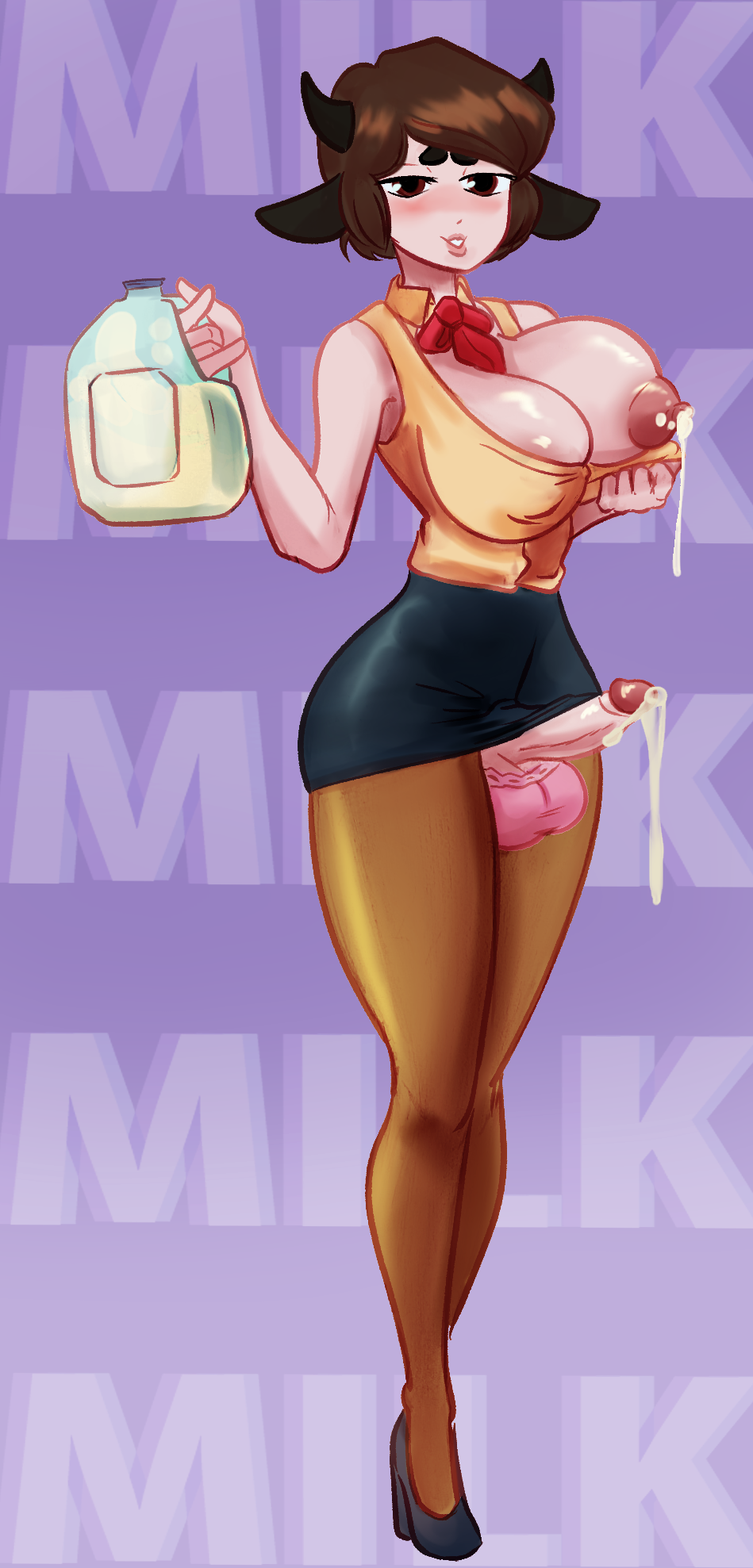 1futa, animal ears, anthro, areolae, ass, balls, balls bulge, balls in panties, balls under clothes, breasts, brown eyes, brown hair, cleavage, cum, cum drip, cumshot, ejaculation, erect nipples, erection, erection under clothes, erection under skirt, futa only, futa sans pussy, futanari, hands-free, handsfree ejaculation, high heels, horns, huge balls, huge breasts, intersex, lactating, lactation, large penis, milk, nightpickle, nipples, one breast out, orgasm without stimulation, panties, panty bulge, pantyhose, penis, penis out, penis under clothes, penis under skirt, skirt, skirt lift, wide hips